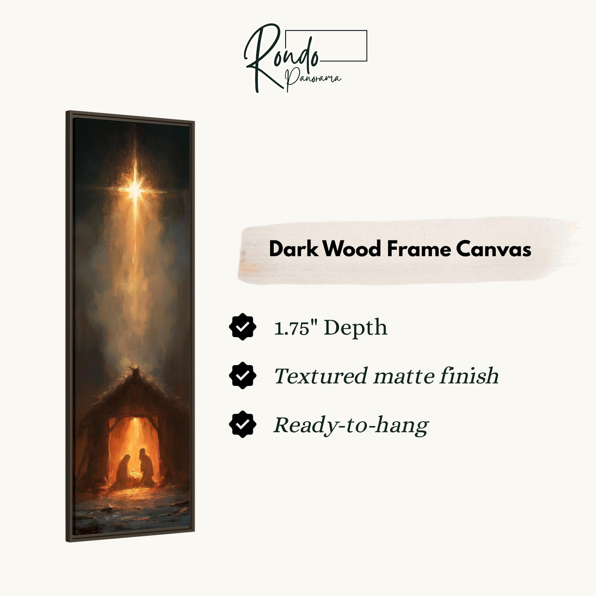 Star of Bethlehem shining over the manger canvas print in a dark wood floating frame
