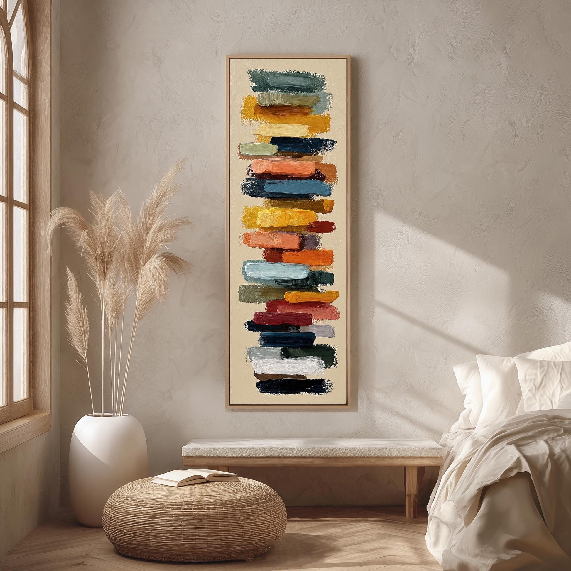 a modern bedroom with a large abstract painting hanging on the wall above a wooden bench. The painting consists of a series of colorful brushstrokes arranged vertically, creating a dynamic and visually striking display. The room is decorated with a large window, a potted plant, and a woven ottoman, contributing to the overall contemporary and minimalist aesthetic.