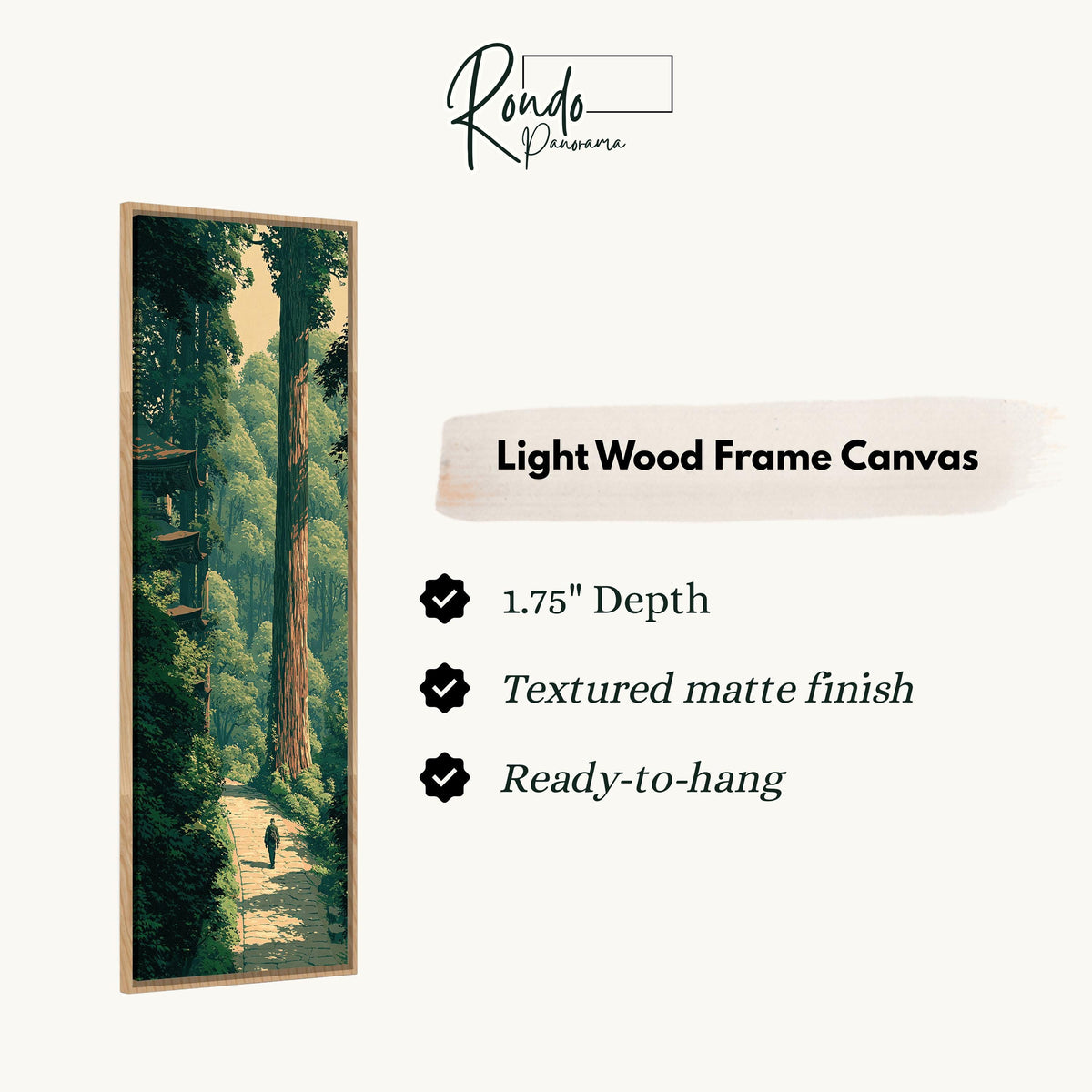Forest path toward a pagoda canvas print in a light wood floating frame