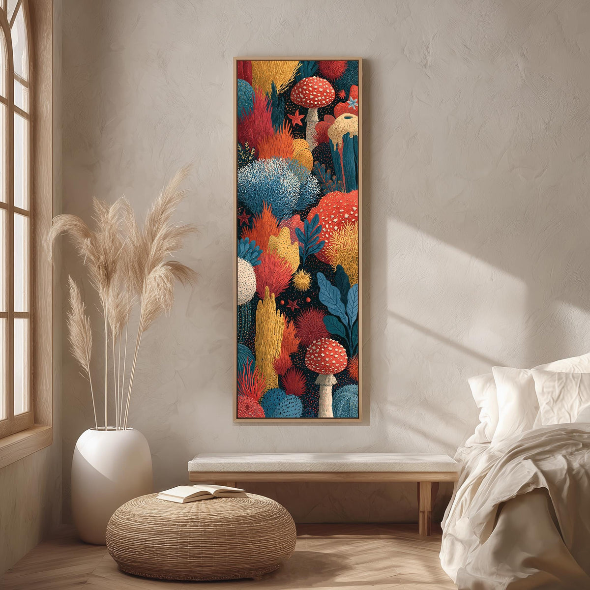 Jewel toned coral reef and toadstool garden long vertical canvas print in a bright reading corner