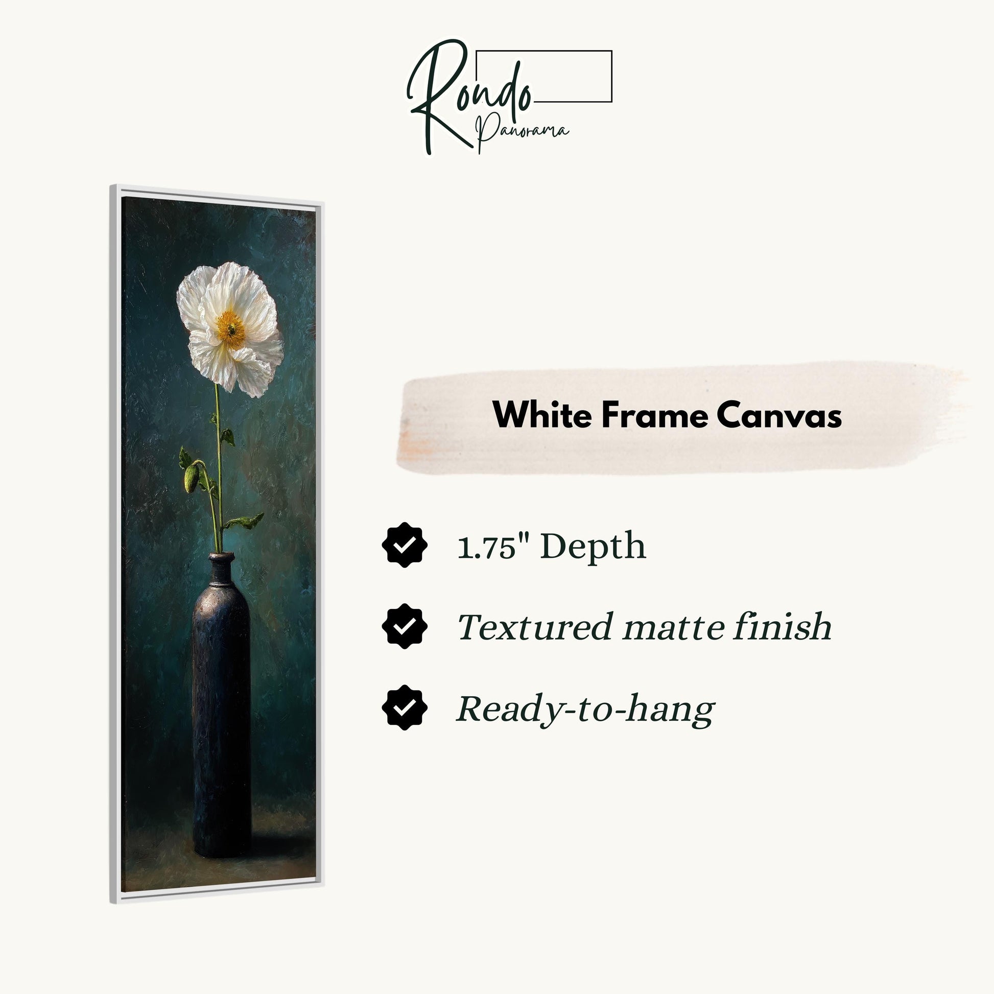 The image is a framed painting of a white flower in a black vase, displayed on a white wall.
