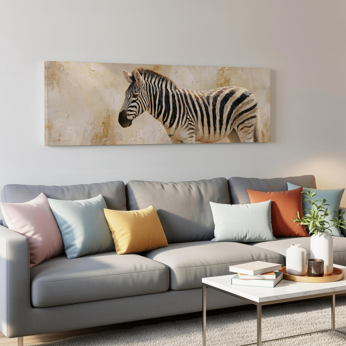 Zebra on a sandy textured background panoramic canvas print above a grey sofa in a living room