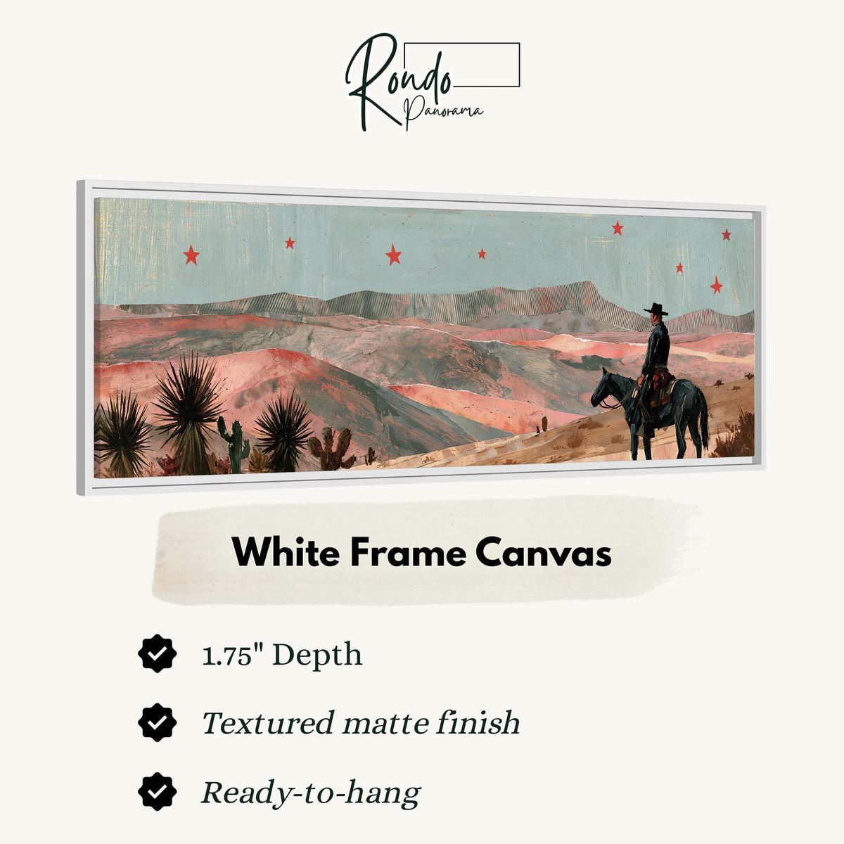 Desert cowboy under red stars canvas print in a white floating frame