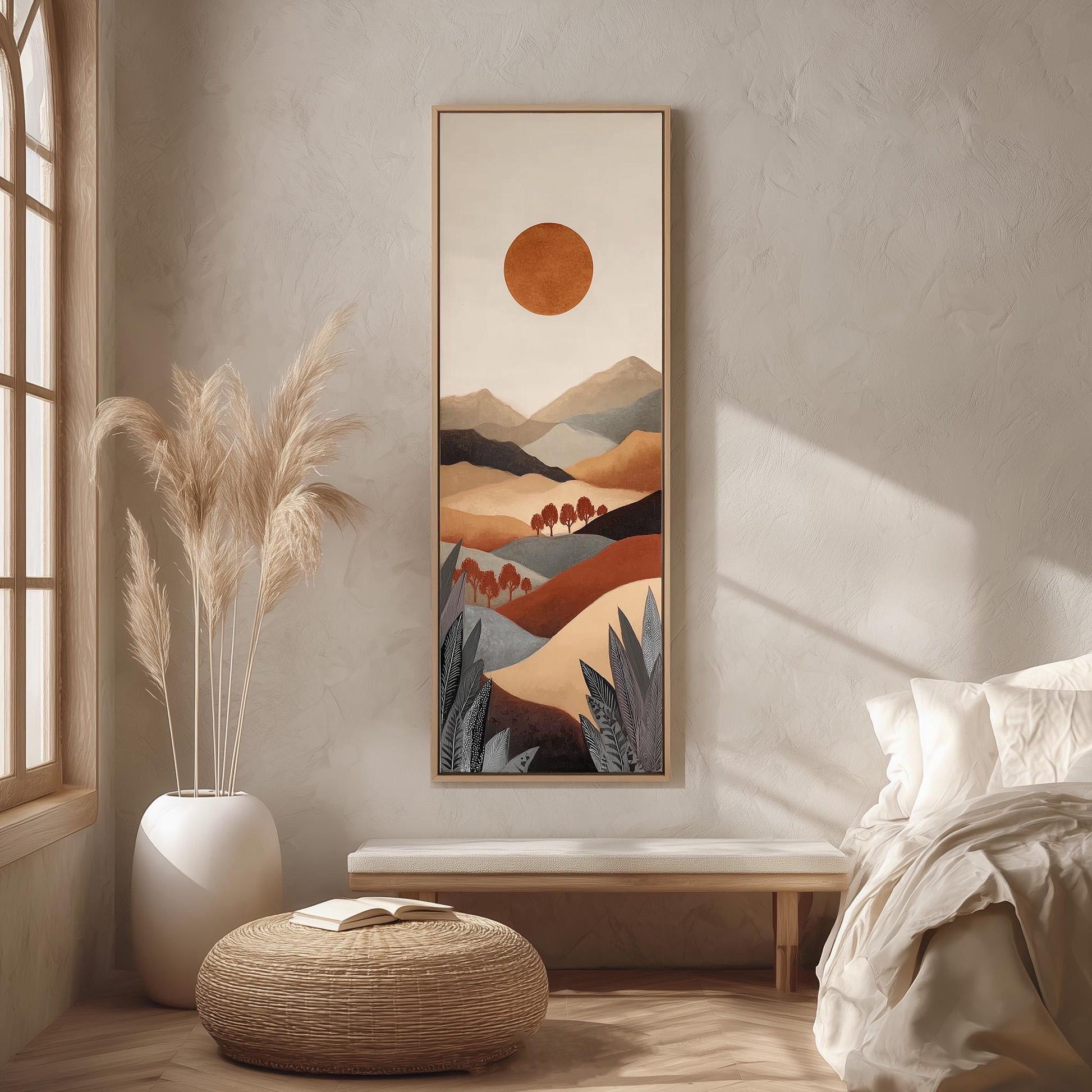 a serene bedroom setting with a large painting of a landscape hanging on the wall, a white bed with a white pillow, a white ottoman, and a potted plant.