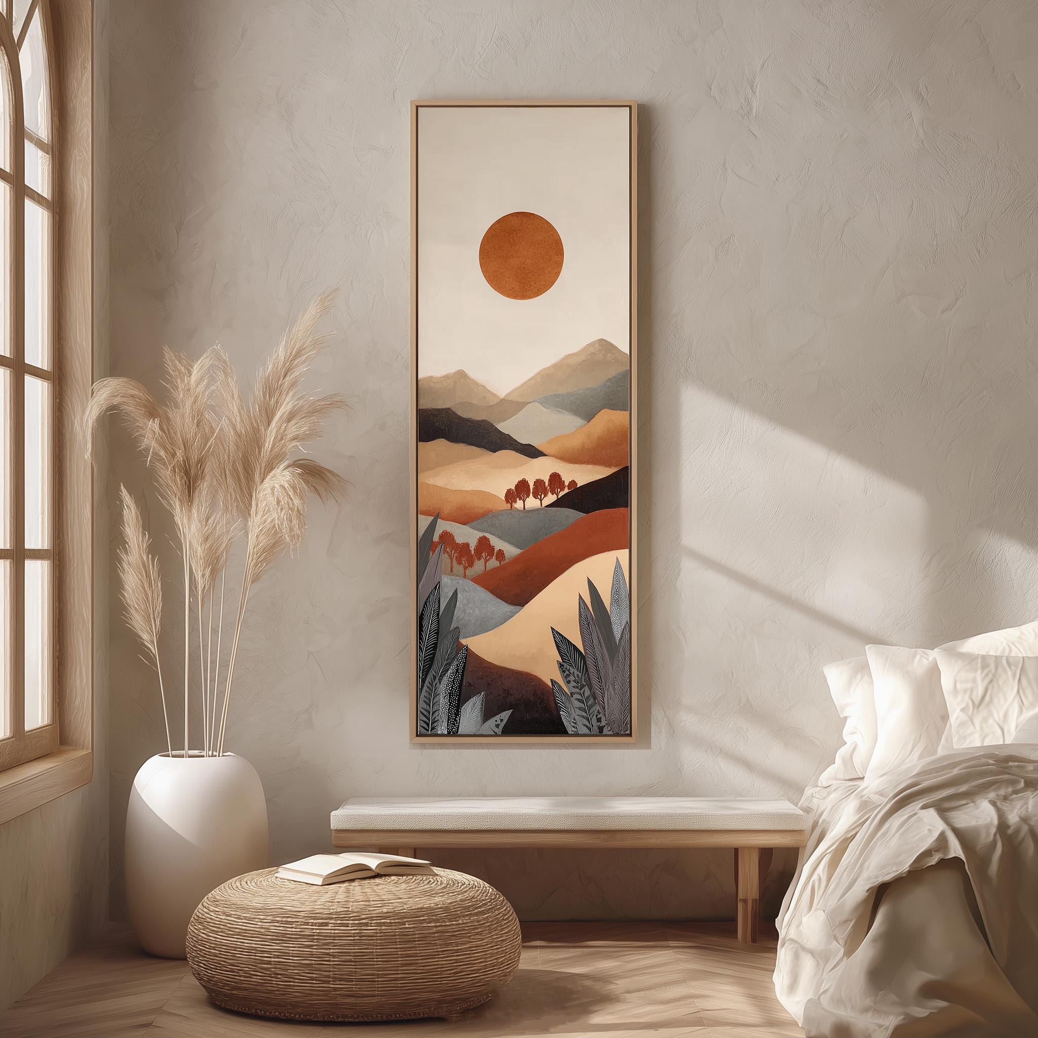 a serene bedroom setting with a large painting of a landscape hanging on the wall, a white bed with a white pillow, a white ottoman, and a potted plant.