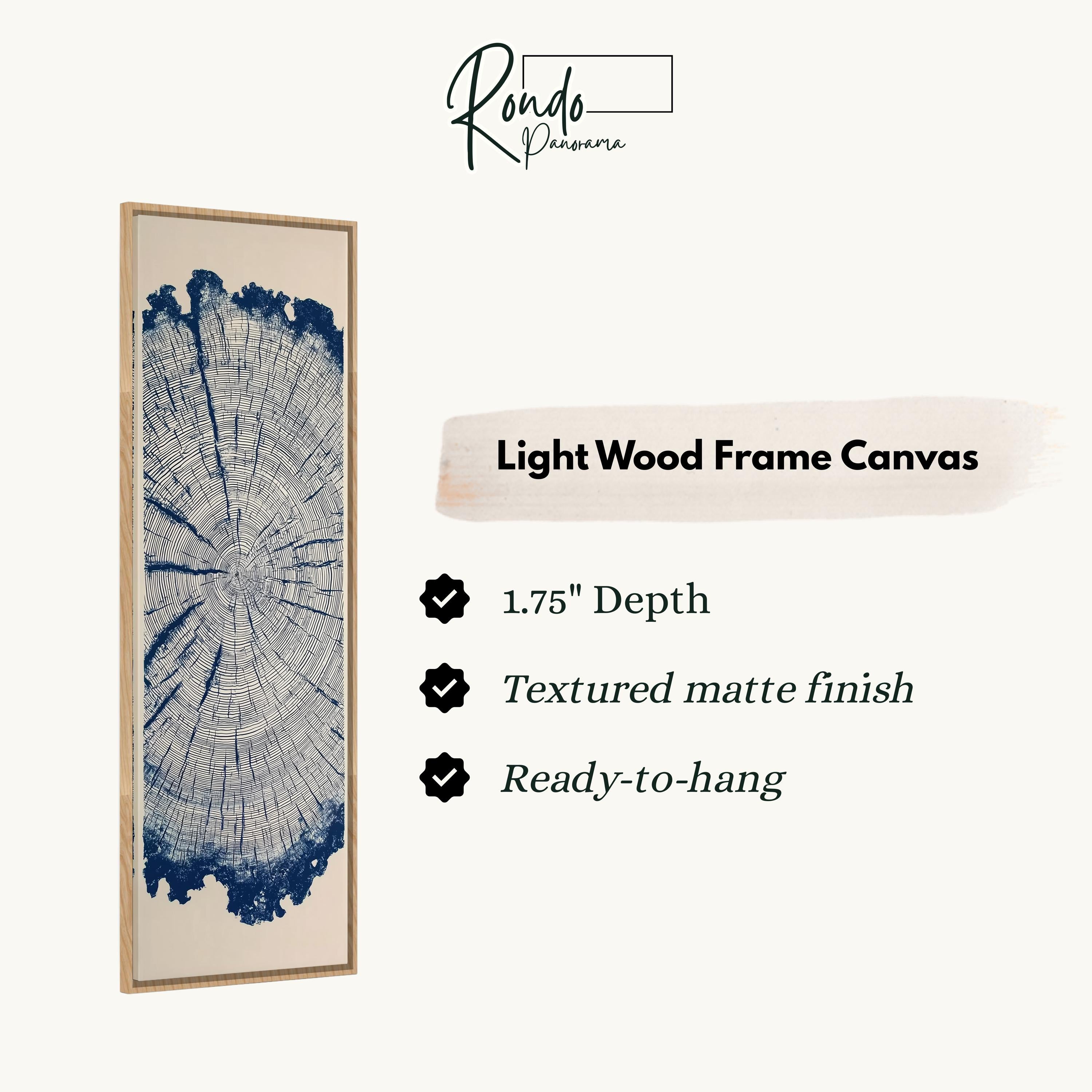 a light wood frame canvas with a detailed tree trunk design in blue and white.