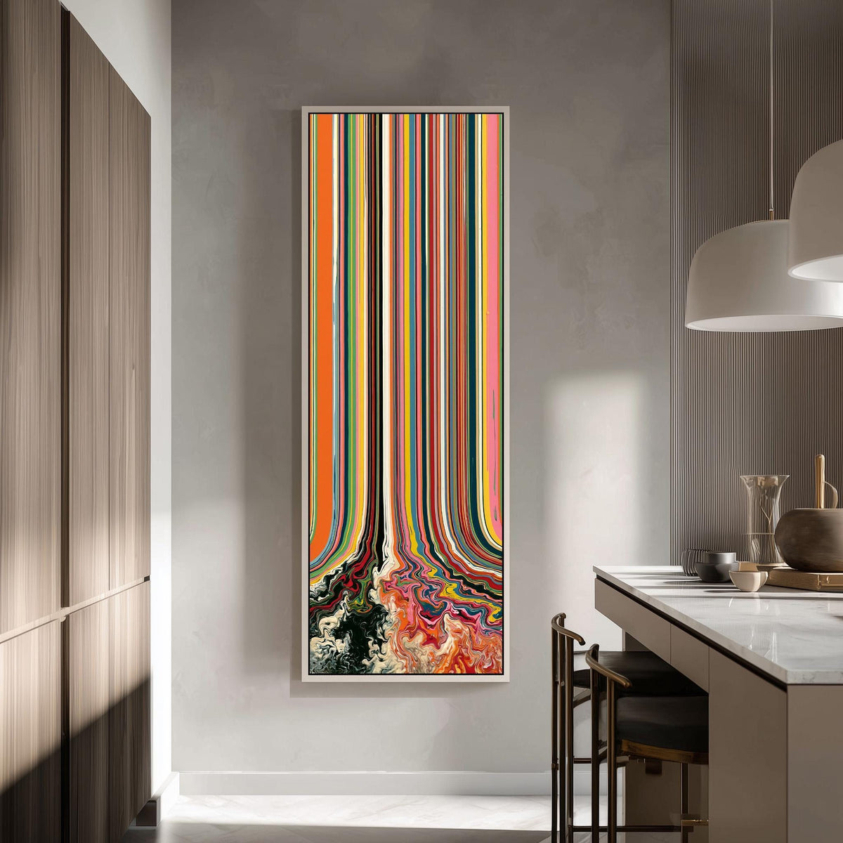 Rainbow stripes melting into swirls tall skinny canvas print in a modern kitchen