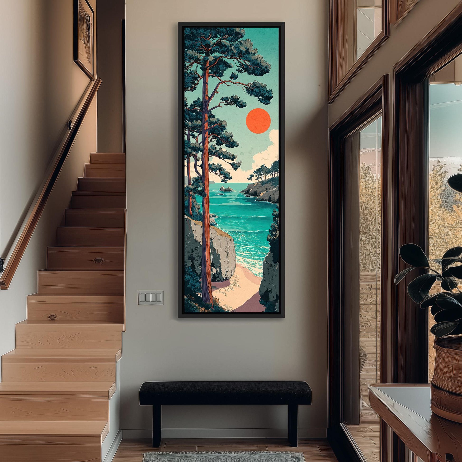 a large, colorful painting of a beach scene hanging on the wall of a room with wooden stairs and a bench.