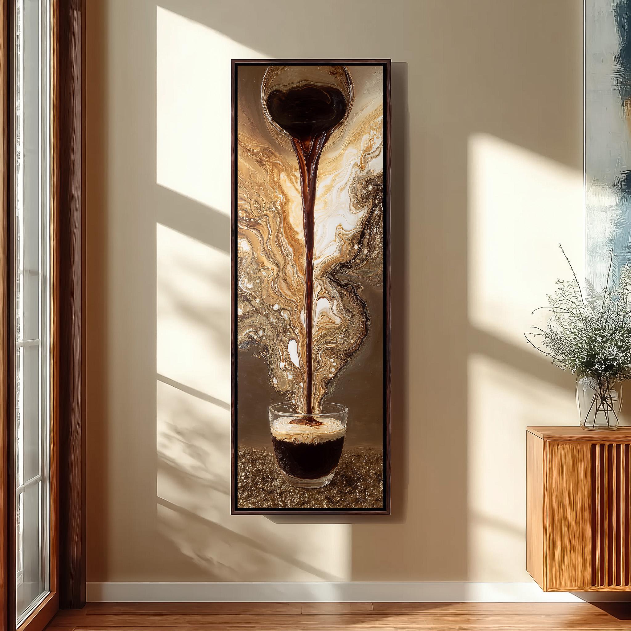 a large painting hanging on a wall, depicting a glass of coffee with a stream of liquid pouring out of it.