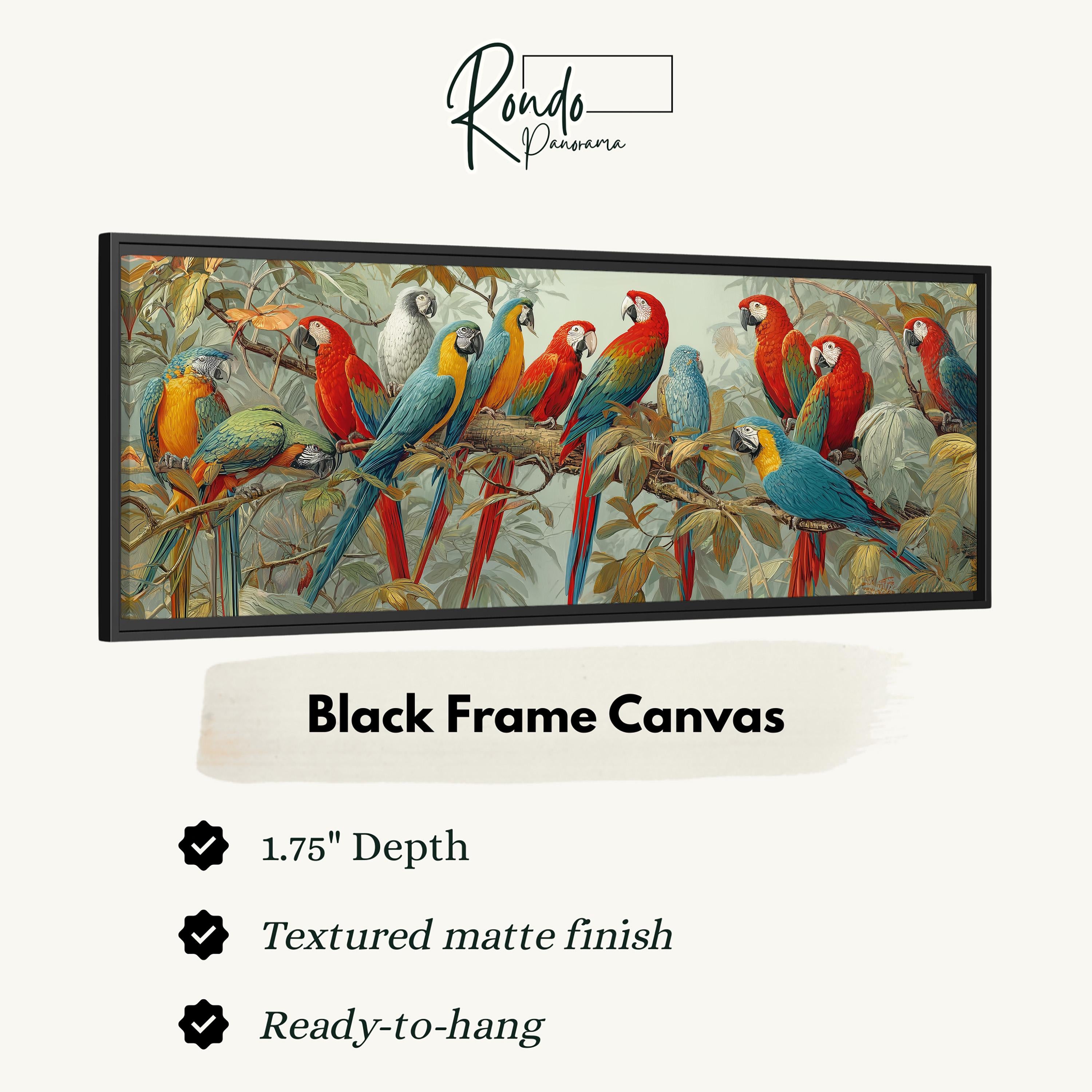 a large, colorful painting of a group of parrots perched on branches. The painting is displayed in a black frame, and the text below the image provides information about the artwork.