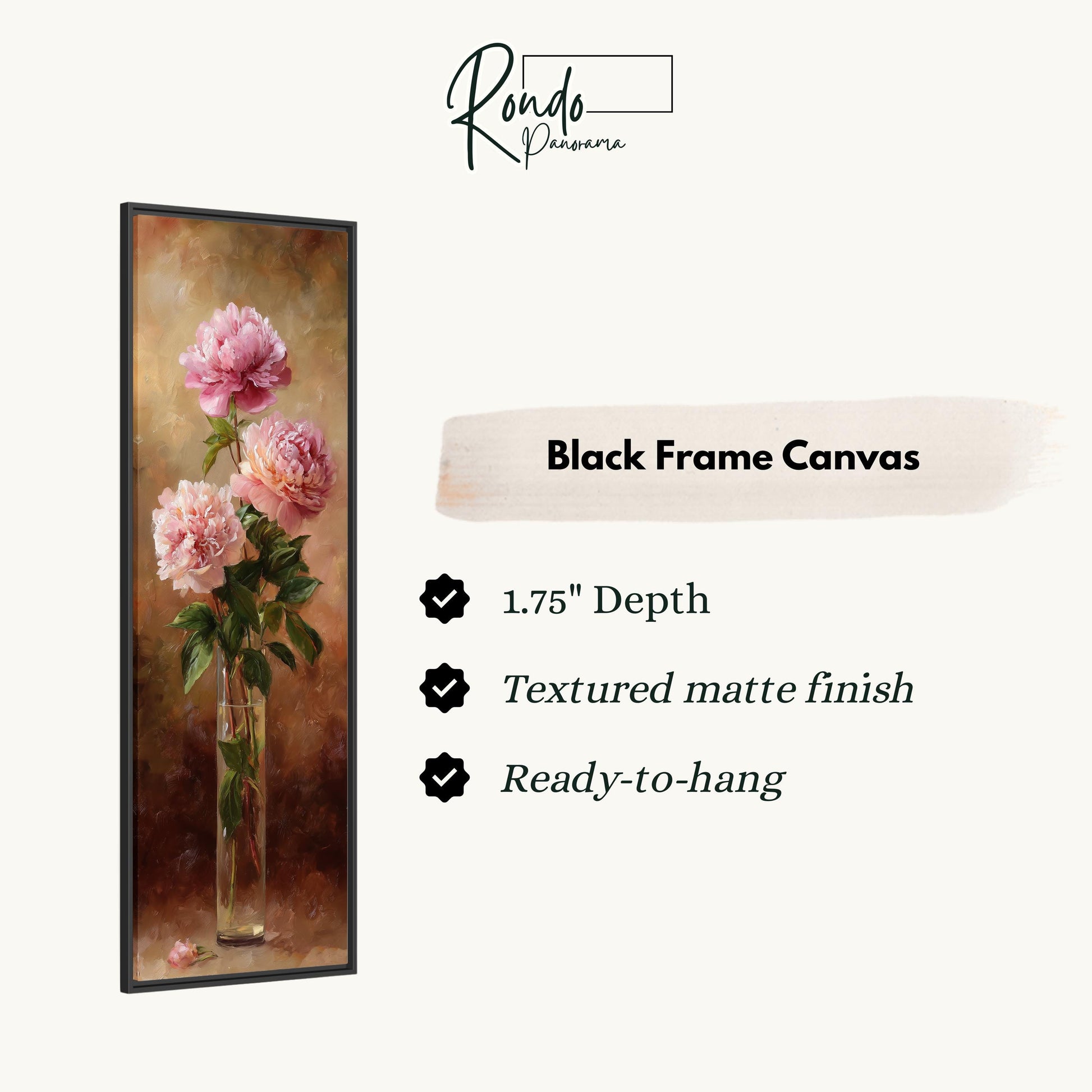 The image is a black frame canvas featuring a painting of pink peonies in a vase.