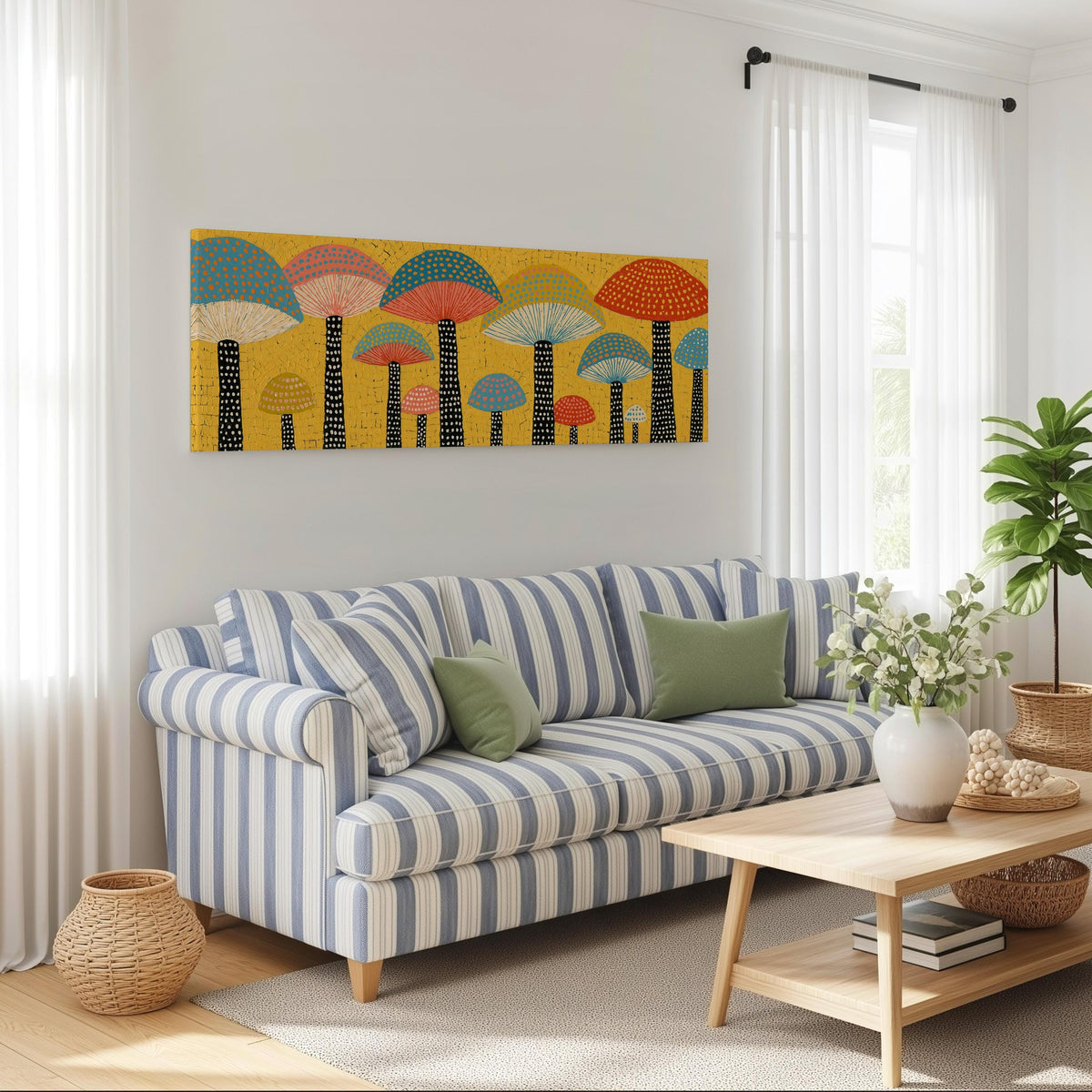 Golden mushroom parade long horizontal canvas print above a striped sofa in a coastal living room