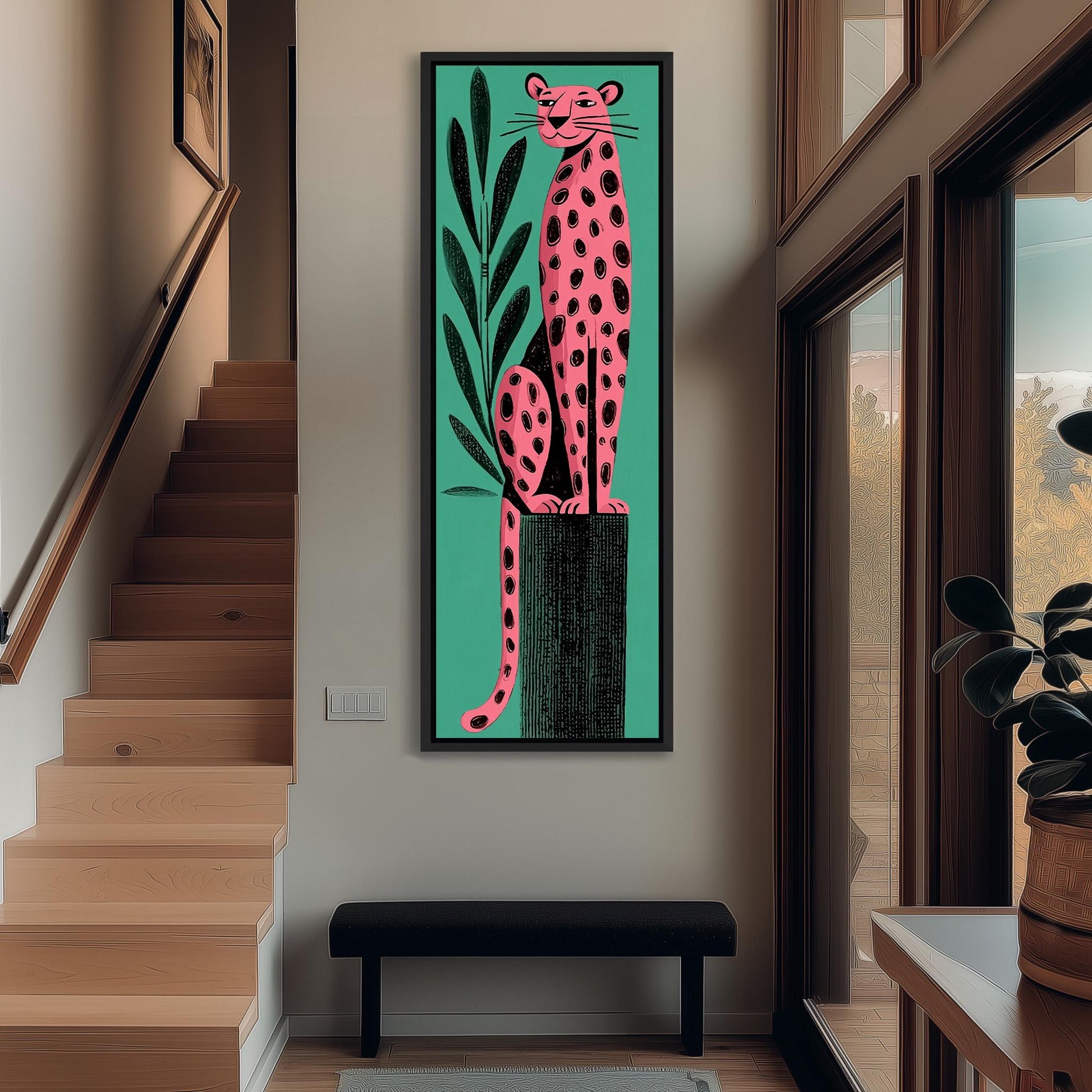 a large, colorful painting of a leopard sitting on a tree stump, hanging on the wall of a hallway.