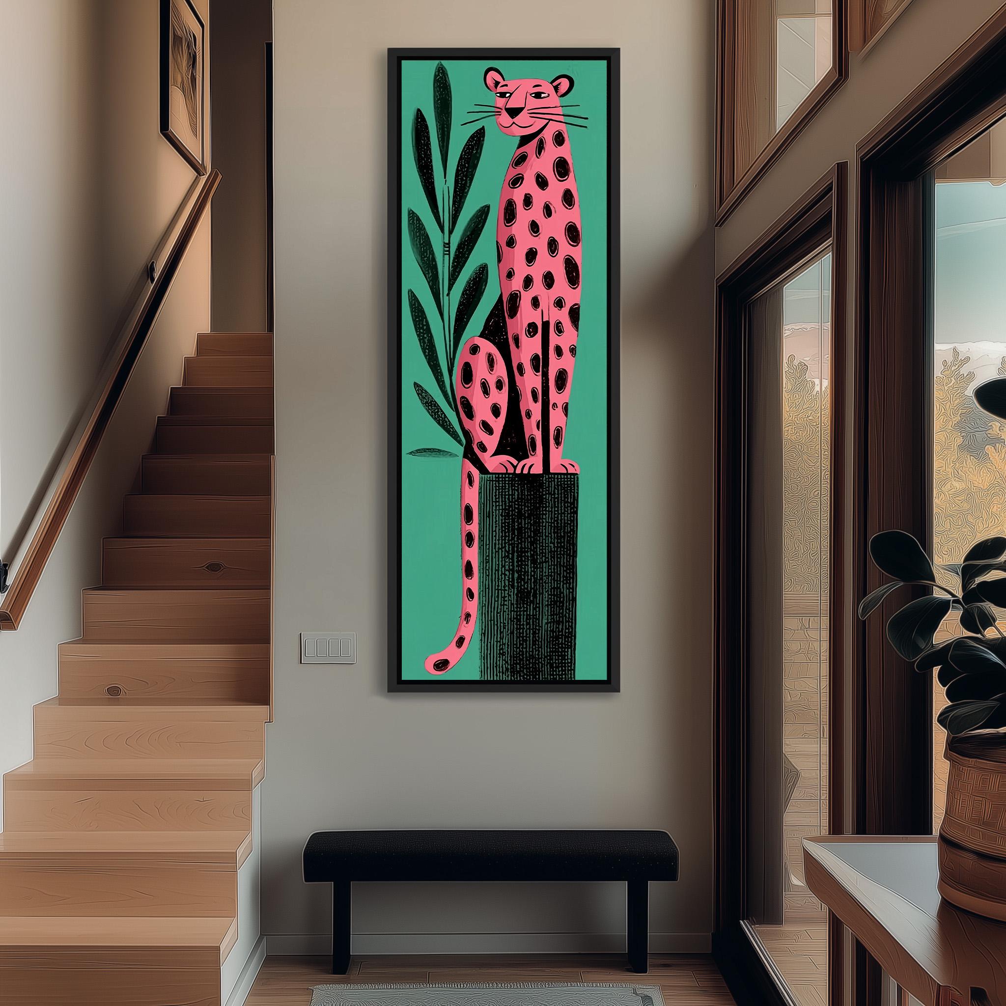 a large, colorful painting of a leopard sitting on a tree stump, hanging on the wall of a hallway.