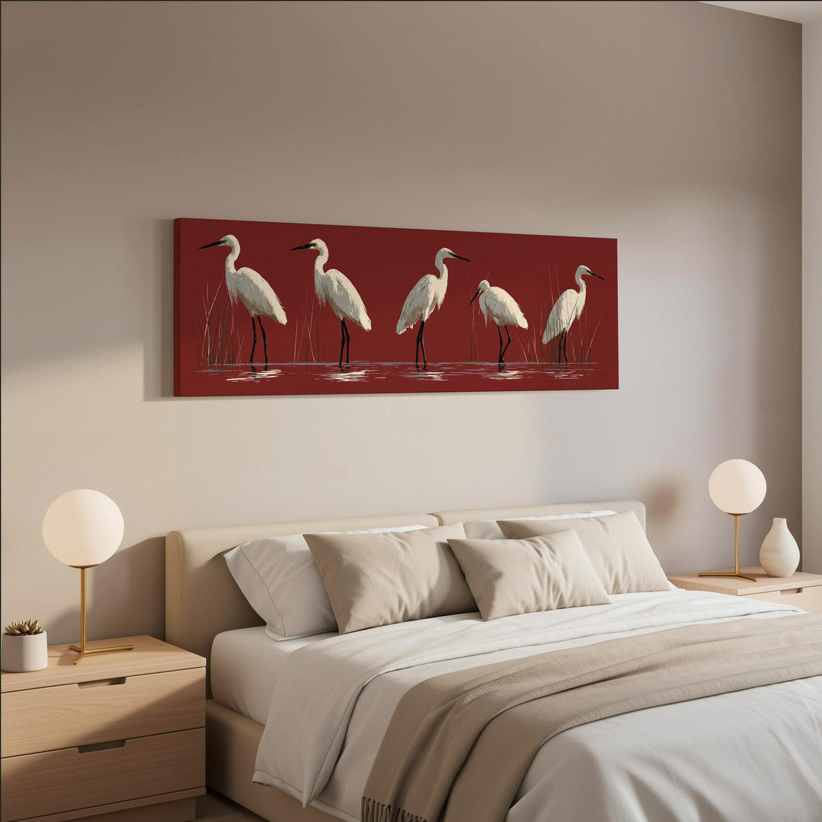 White egrets wading on crimson red wide panoramic canvas print above a bed in a neutral bedroom