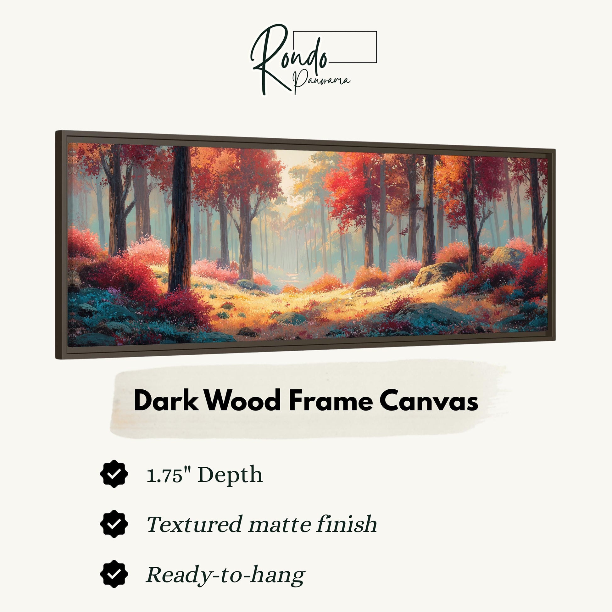 The image is a framed canvas depicting a forest scene with trees and foliage in shades of red and orange.