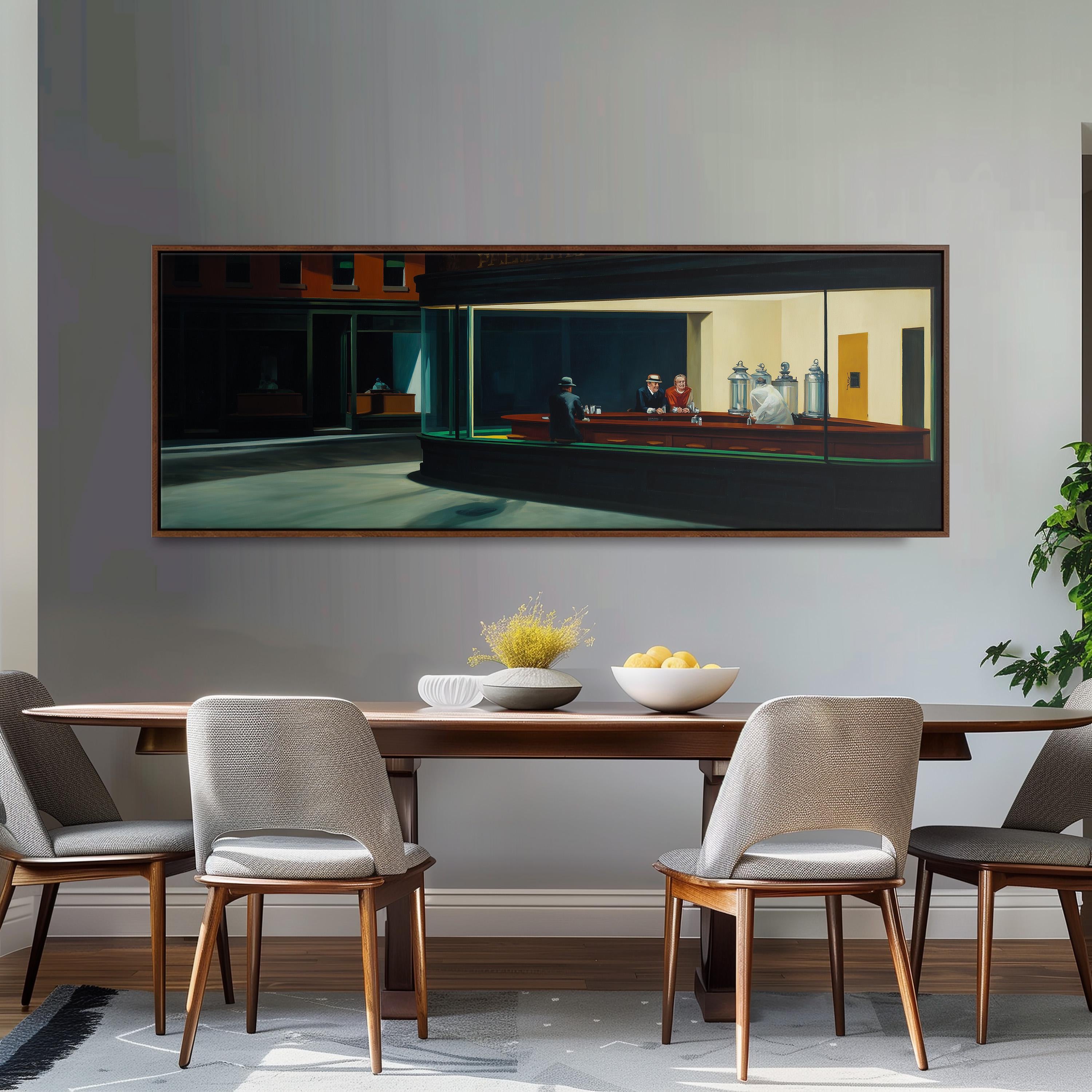 a dining room with a large painting of a bar scene hanging on the wall above a wooden dining table with four chairs. The table is set with a bowl of fruit and a vase of flowers, creating a cozy and inviting atmosphere.