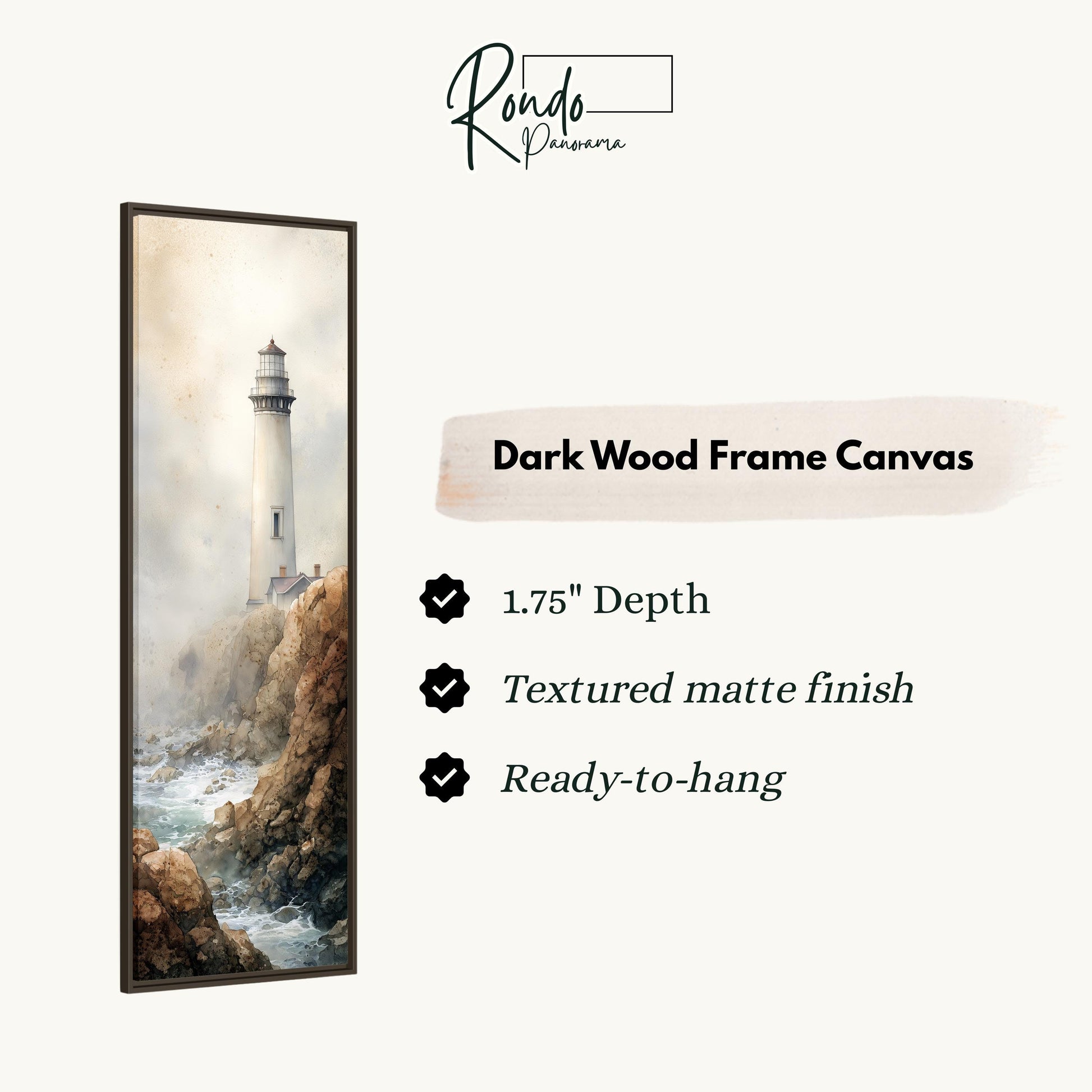 a lighthouse on a rocky cliff, with a text box providing details about the dark wood frame canvas.