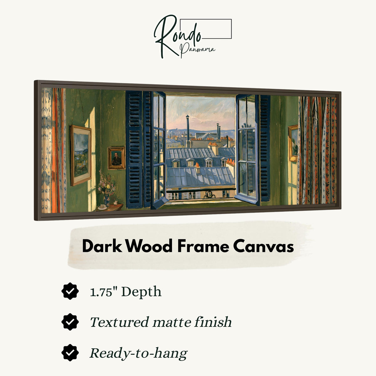 Paris zinc rooftops seen through a green room window canvas print in a dark wood floating frame