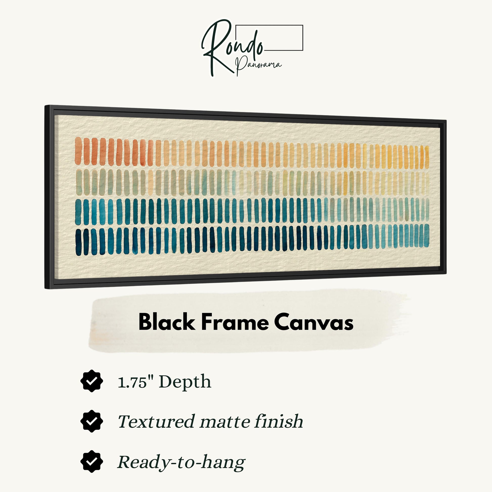 a black frame canvas with a repeating pattern of vertical lines in various colors, including shades of orange, blue, green, and yellow. The canvas has a 1.75" depth and is textured with a matte finish. It is ready to hang and is described as a "Black Frame Canvas".