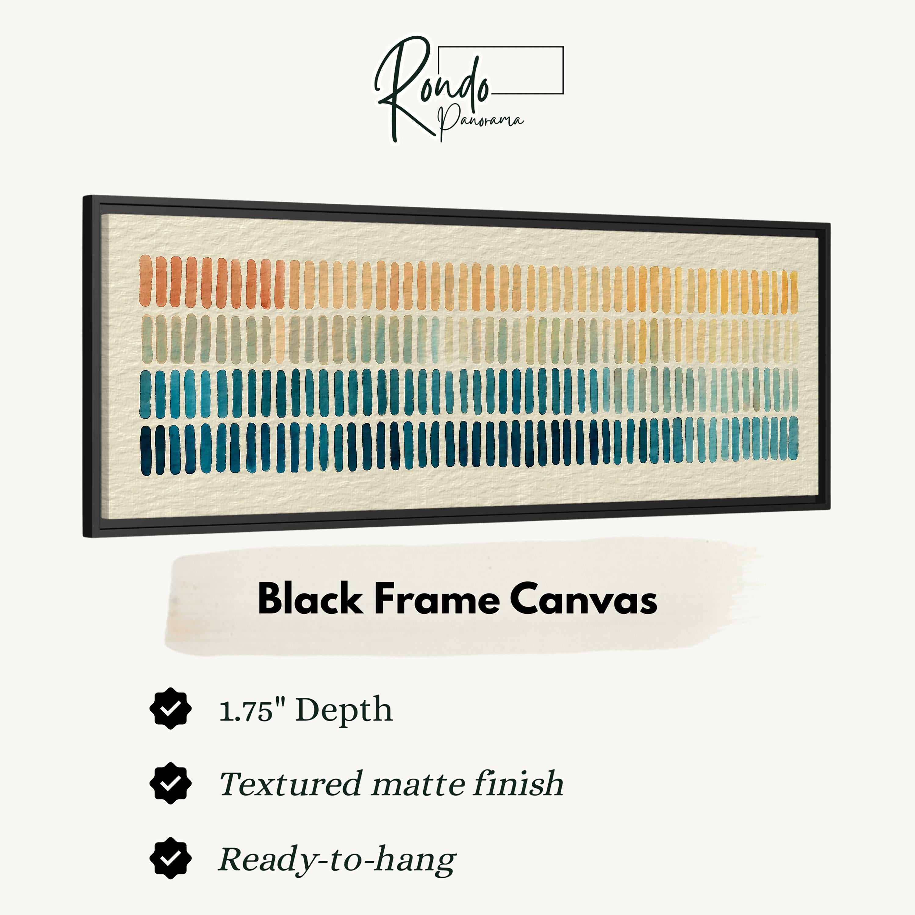 a black frame canvas with a repeating pattern of vertical lines in various colors, including shades of orange, blue, green, and yellow. The canvas has a 1.75" depth and is textured with a matte finish. It is ready to hang and is described as a "Black Frame Canvas".