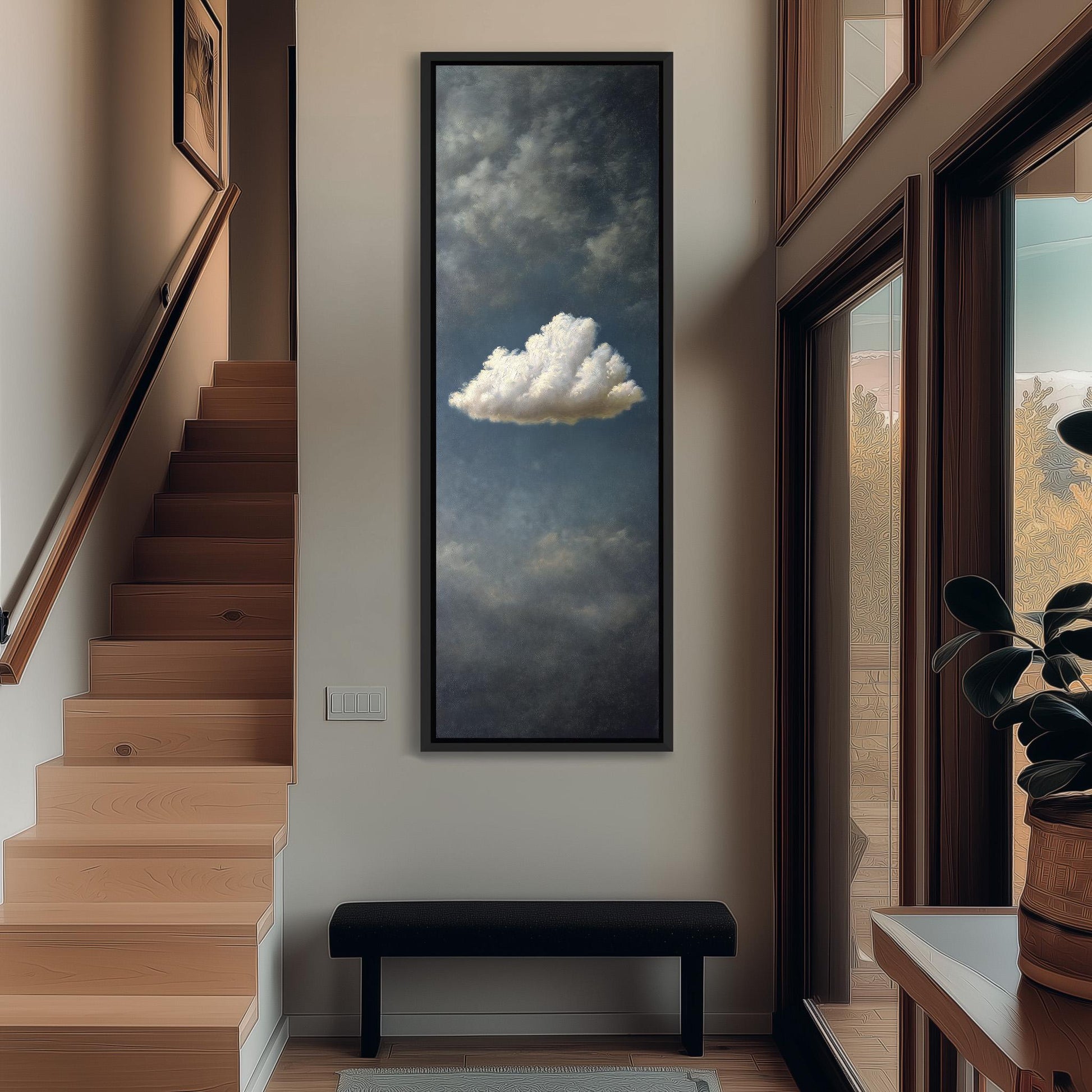 a large painting of a cloud hanging on the wall of a hallway.