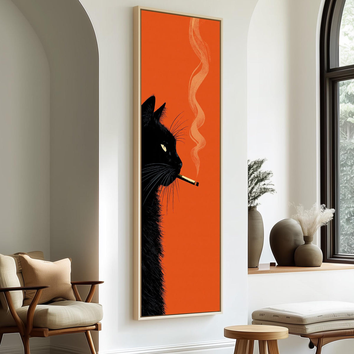 Black cat profile with curling smoke on orange tall skinny canvas print in a sunlit living space