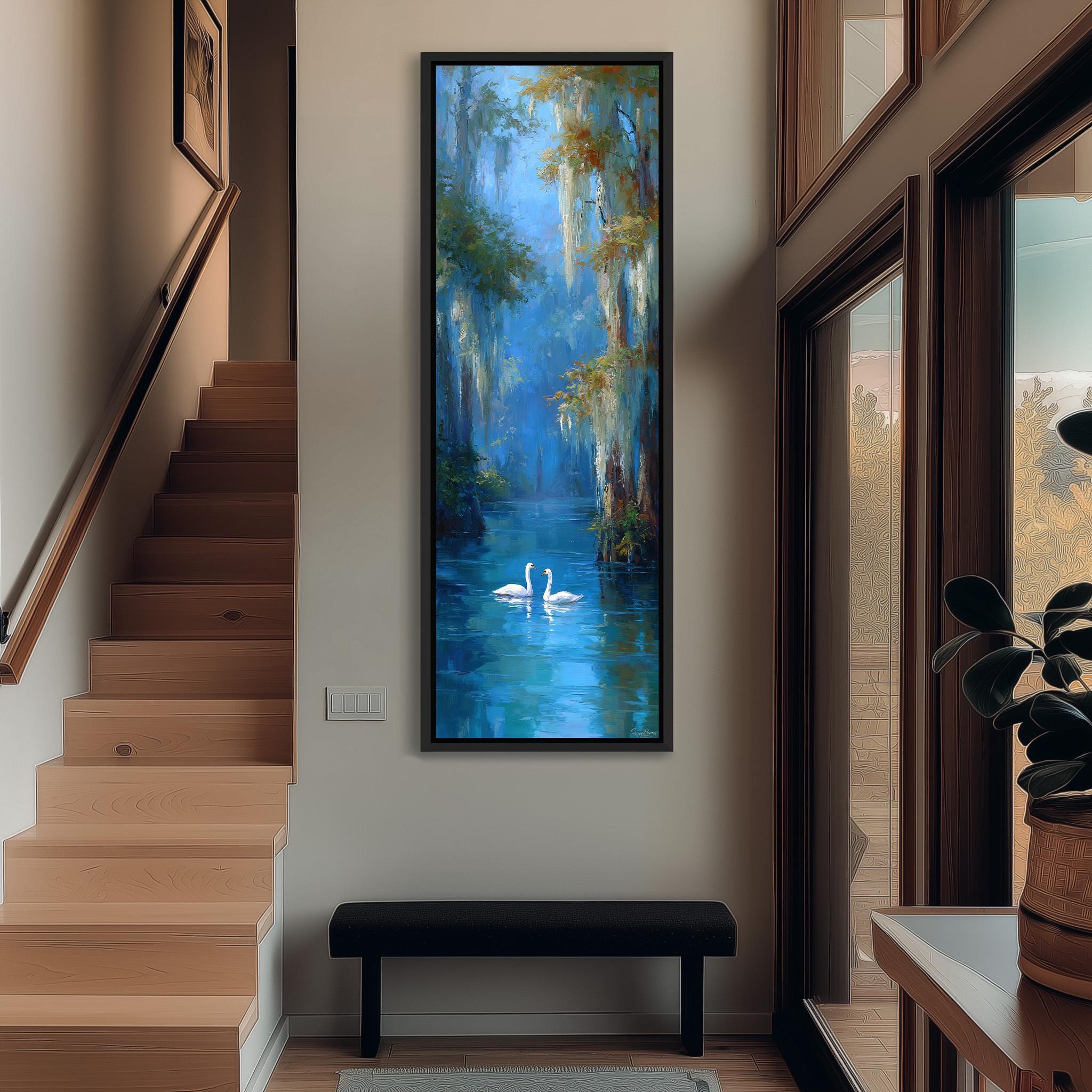a large painting of two swans floating on a serene blue body of water, hanging on a wall in a hallway.