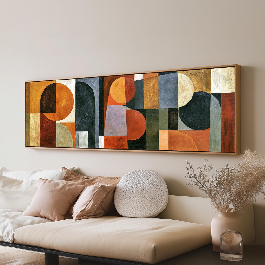 Amber and purple arch and circle mosaic long horizontal canvas print above a sofa in a living room