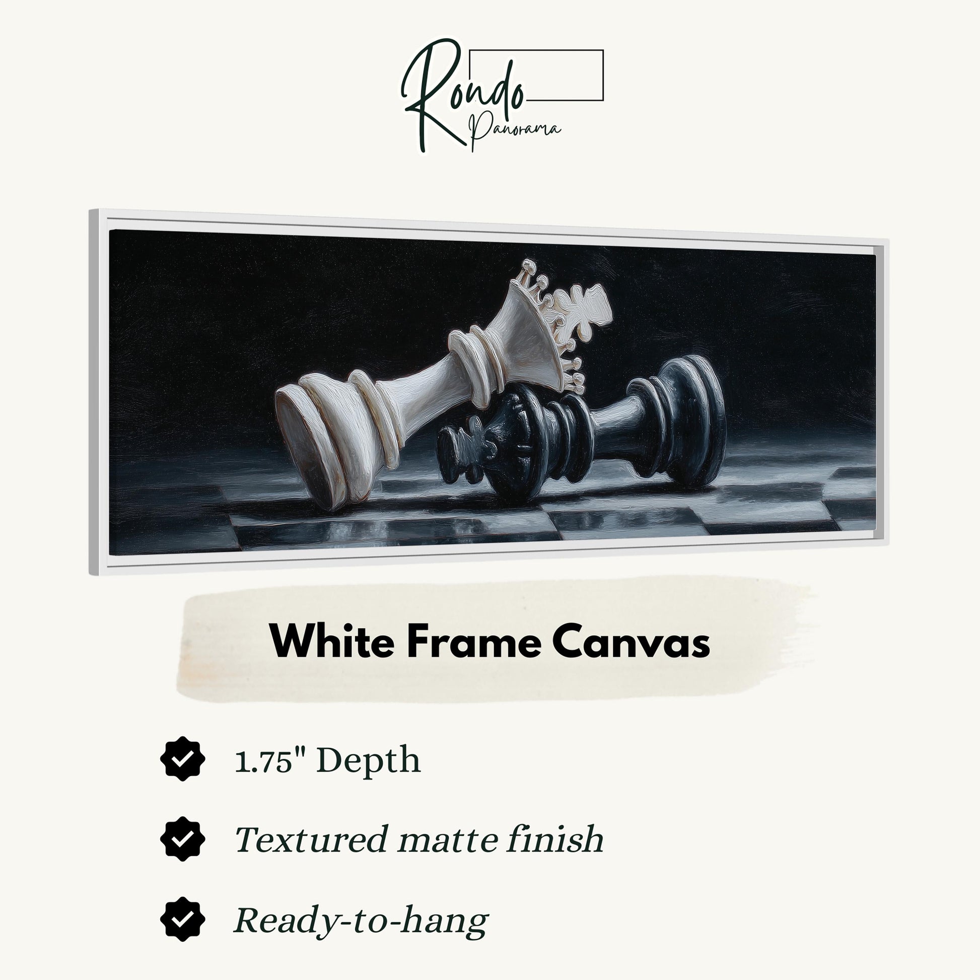 The image is a white frame canvas featuring a black and white painting of a chess king and queen on a chessboard.
