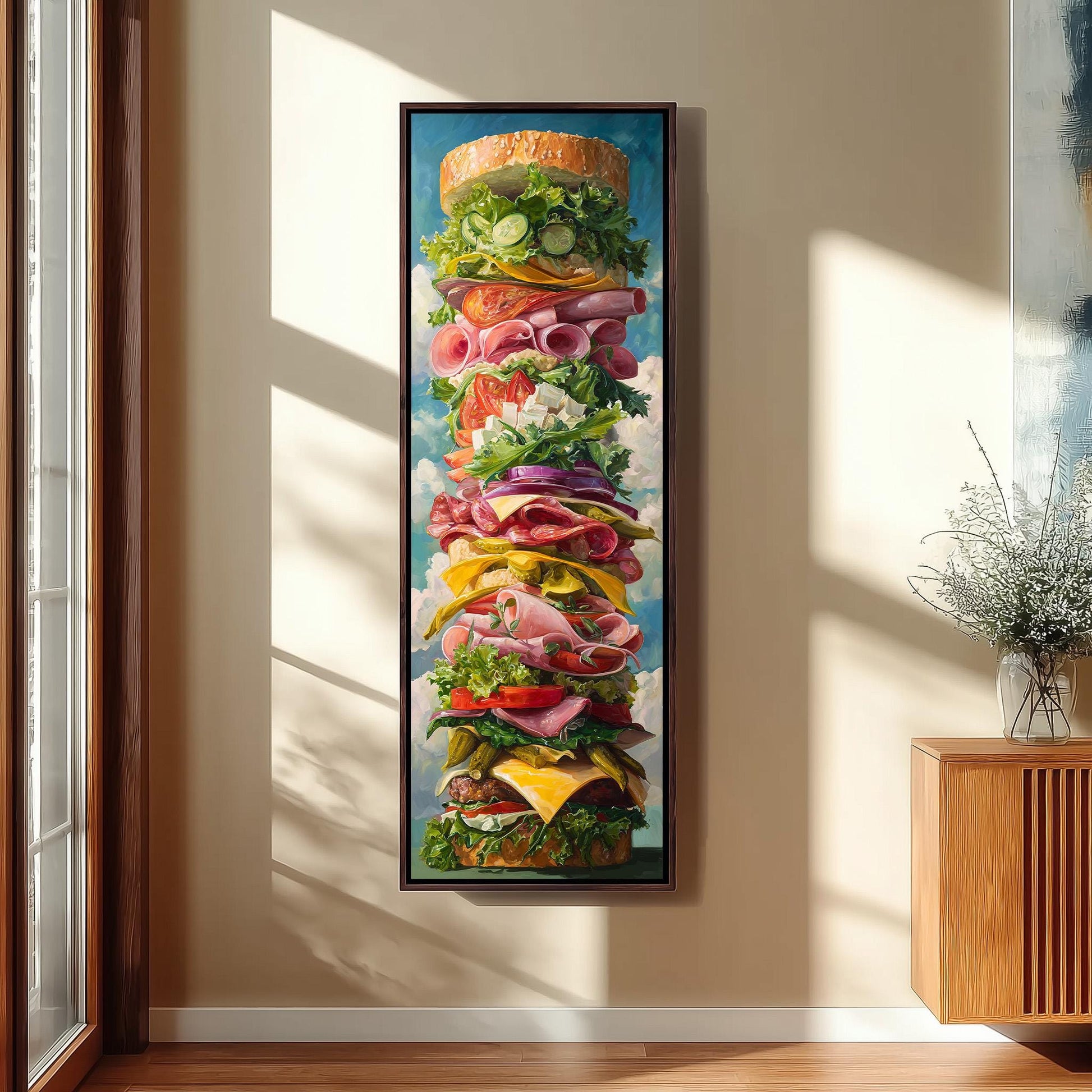 A large, colorful painting depicting a towering stack of various food items, including a sandwich, vegetables, and other ingredients, set against a bright, sunny background.