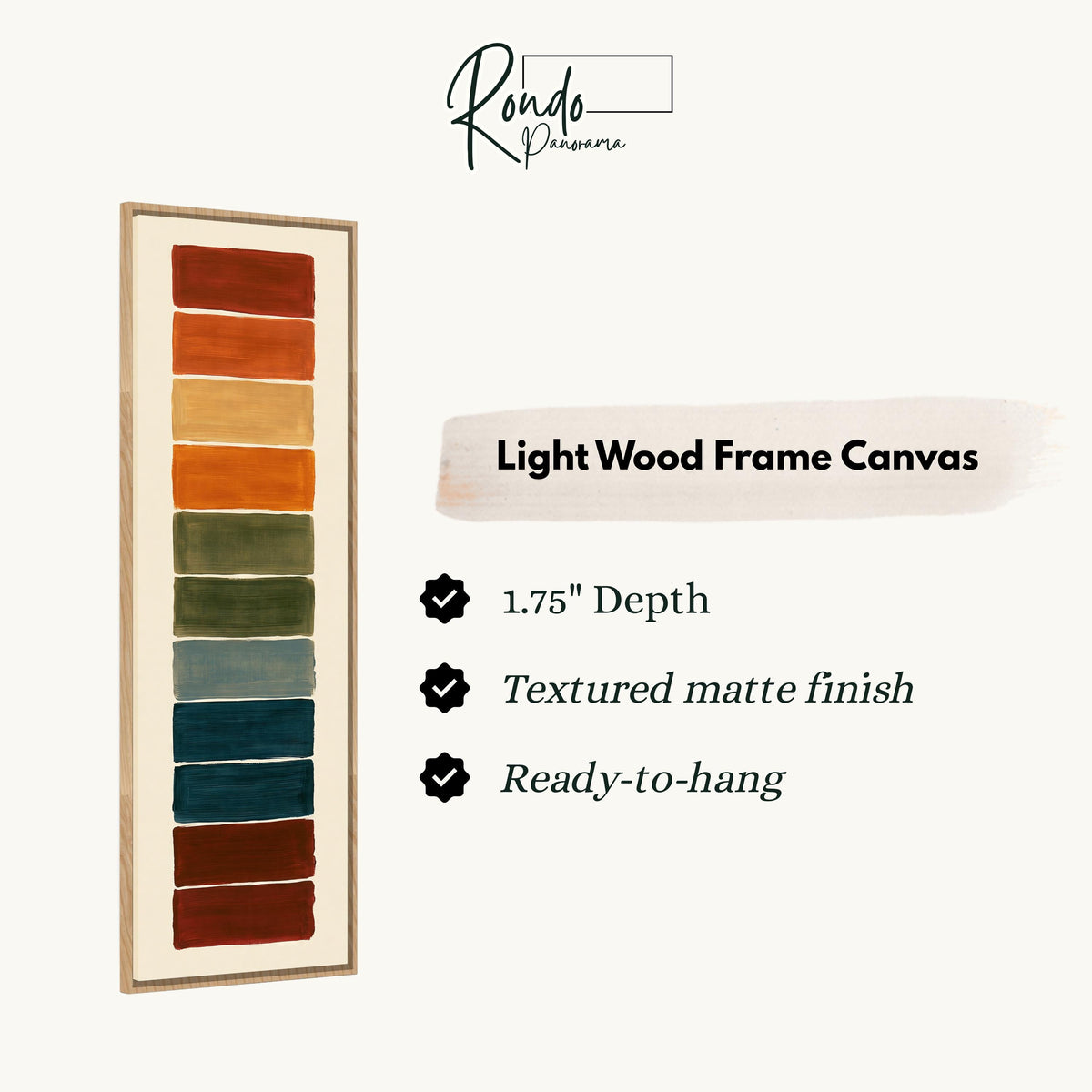 Stack of rust, teal and maroon swatches canvas print in a light wood floating frame