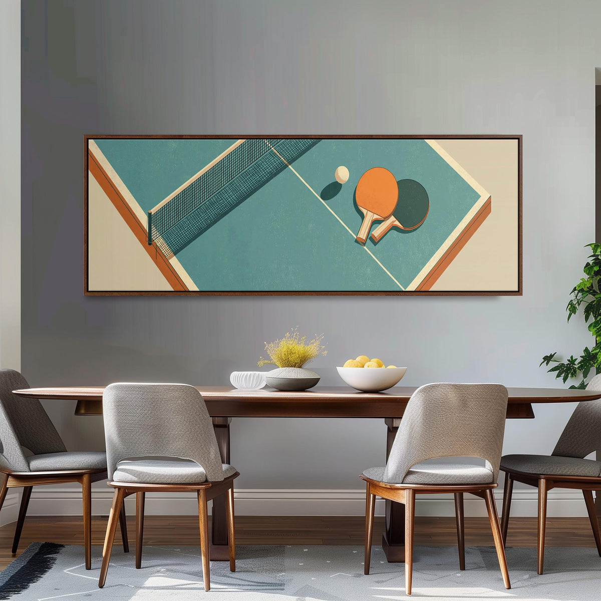 Retro ping pong table panoramic canvas print above a white sofa in a bright living room