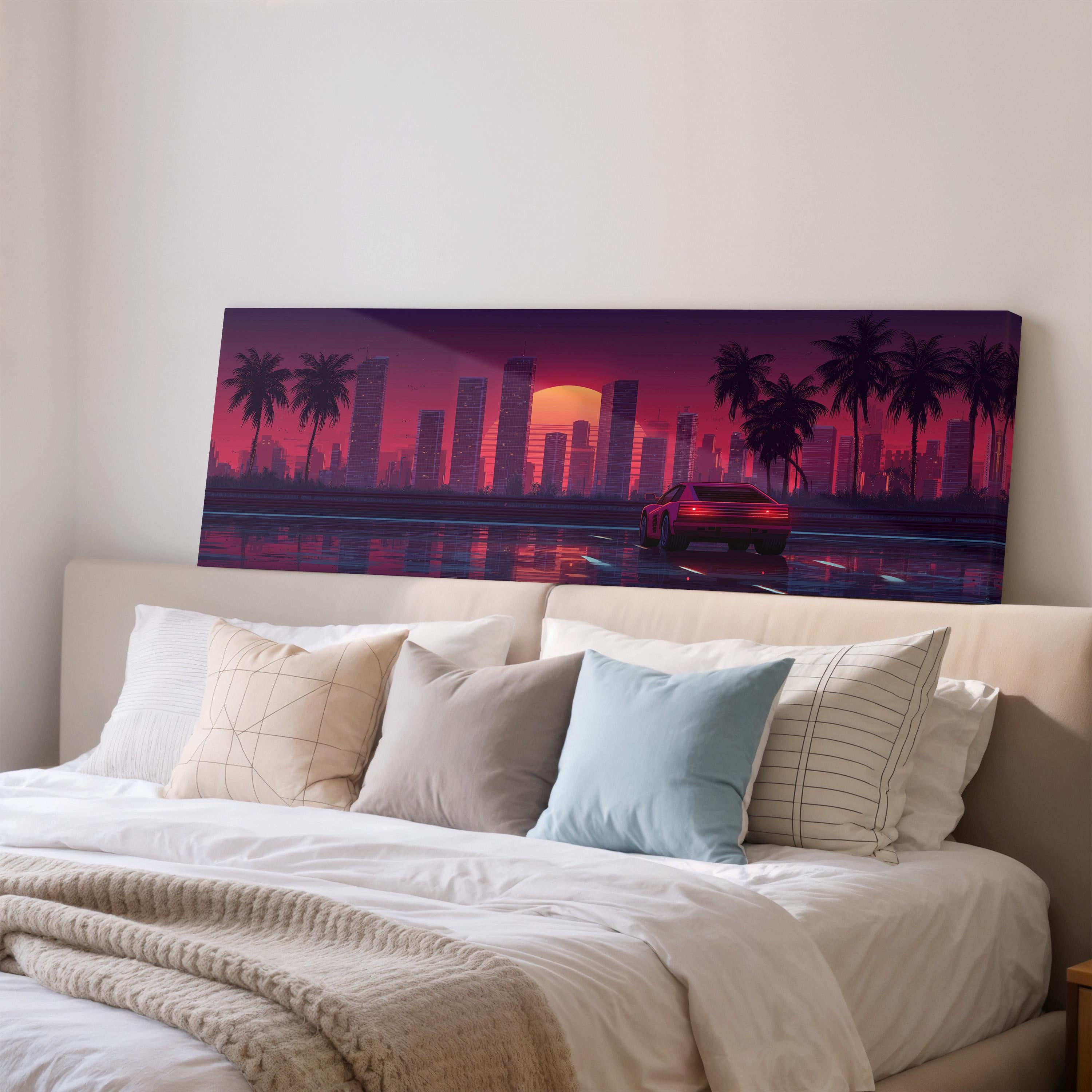 a large bedroom with a bed and a painting of a cityscape with palm trees and a sunset in the background.