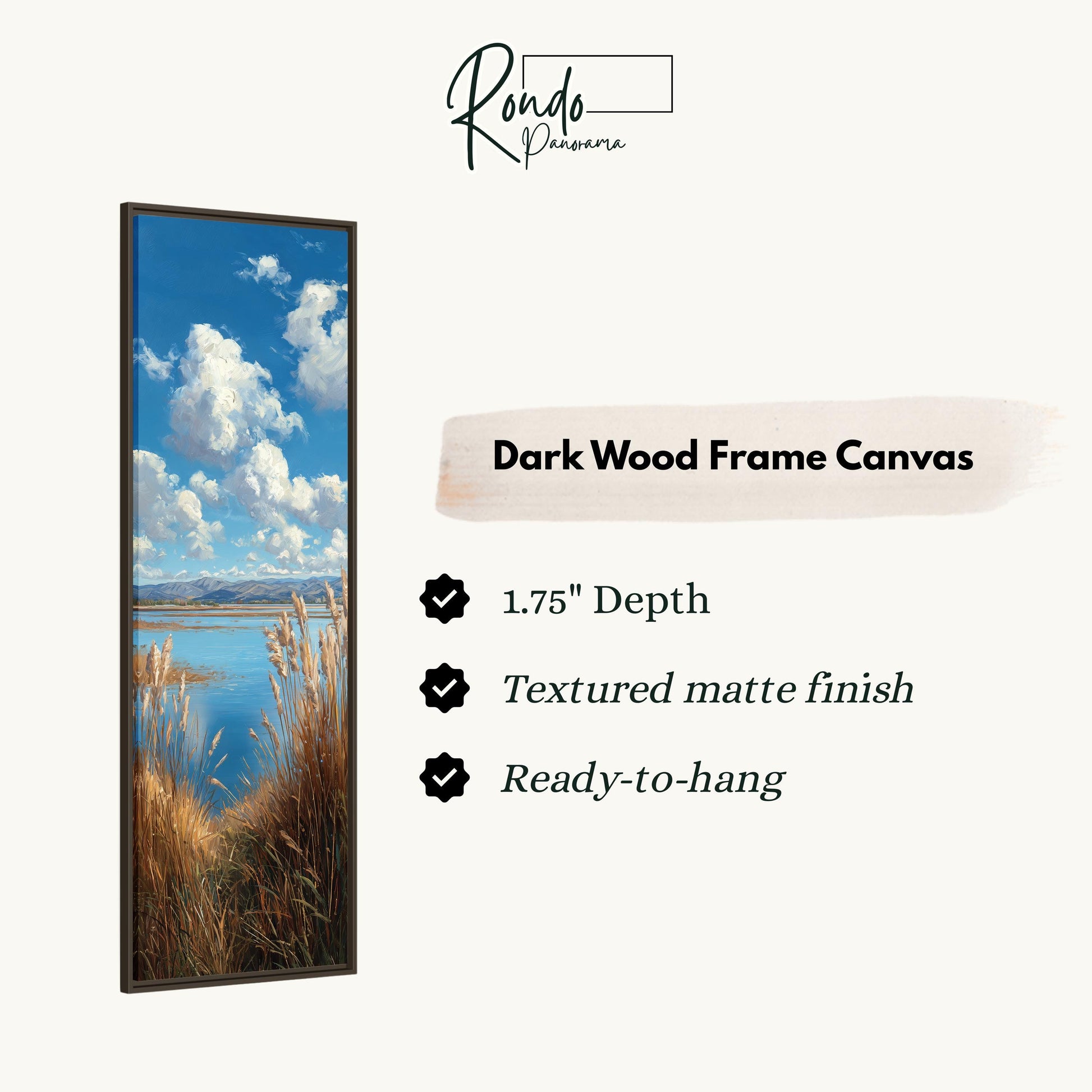 The image is a rectangular dark wood frame canvas with a landscape scene depicting a body of water and a cloudy sky. The canvas has a 1.75" depth, a textured matte finish, and is ready to hang.