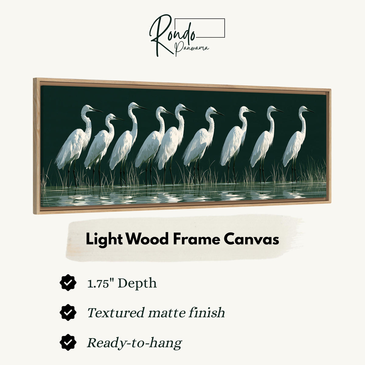 Row of white egrets on deep green canvas print in a light wood floating frame