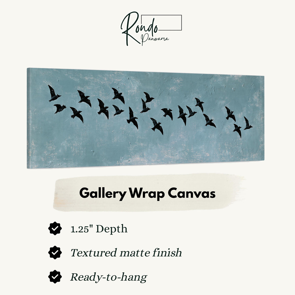 Flock of black birds on a teal sky gallery wrap canvas with the image wrapped around the edges