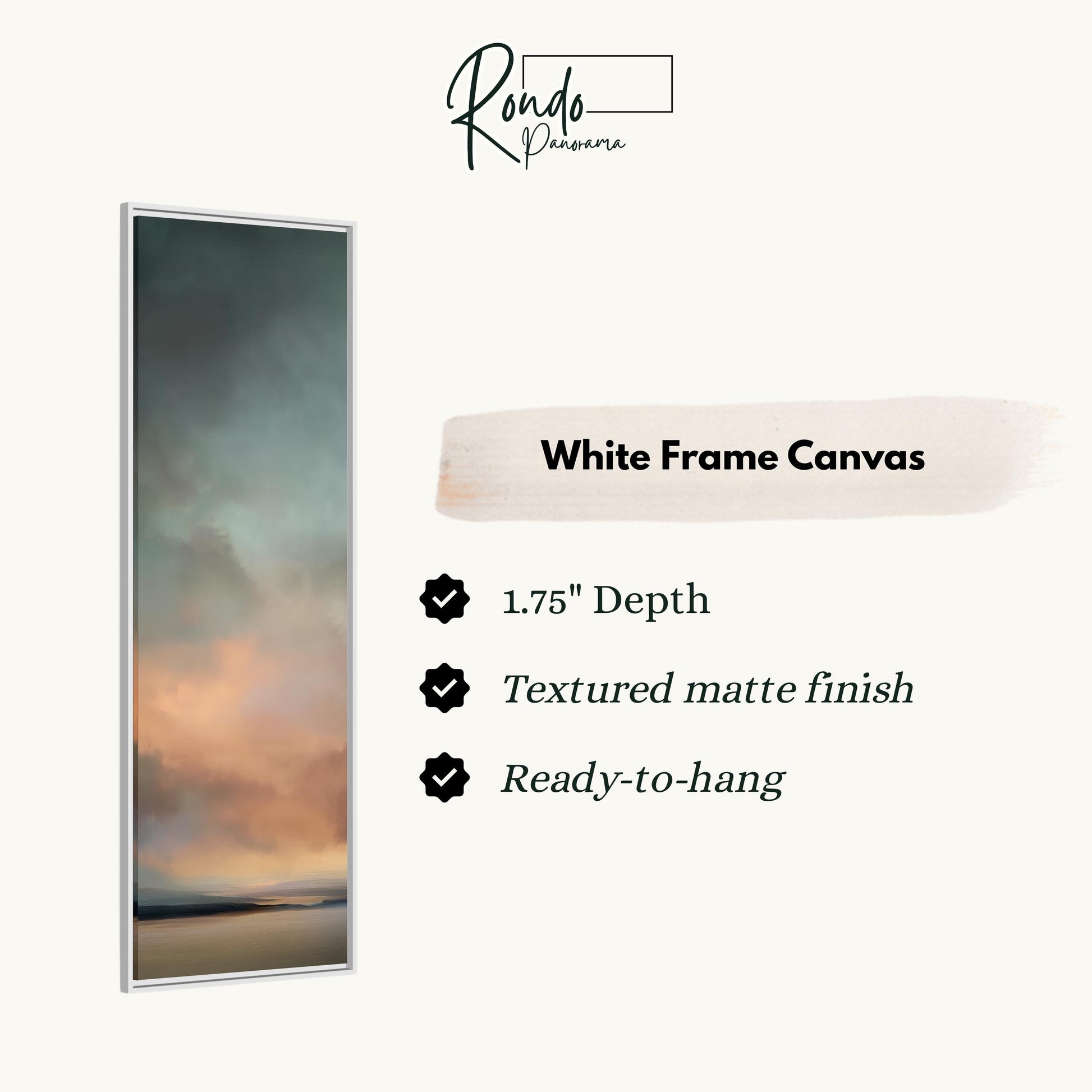 The image is a white frame canvas with a painting of a sunset over the ocean.