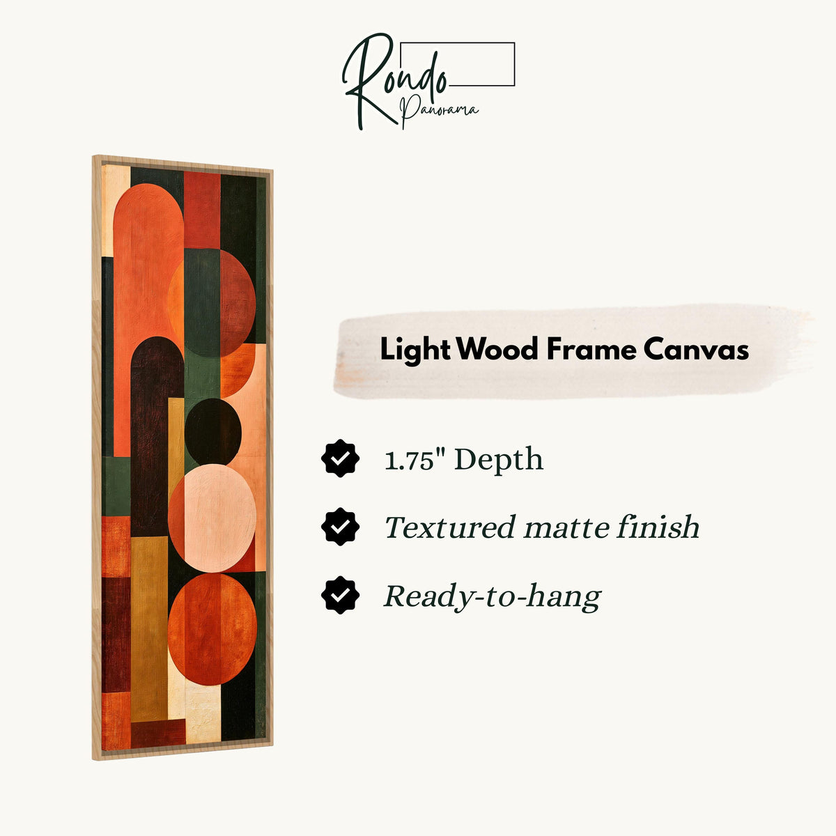 Terracotta, navy and blush arch and circle totem canvas print in a light wood floating frame