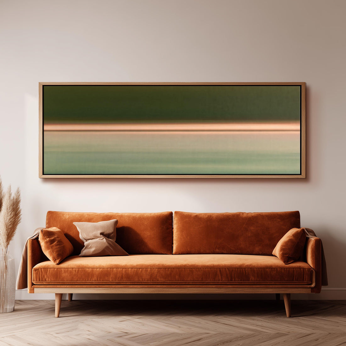 Minimalist dusk horizon gradient long horizontal canvas print above a sofa in a living room