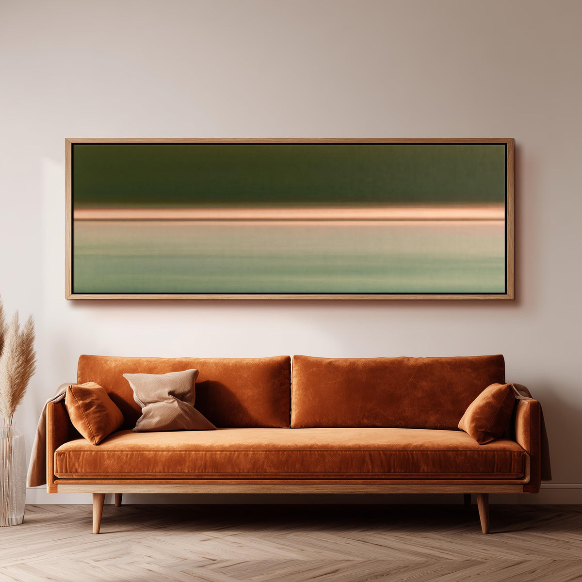 Minimalist dusk horizon gradient long horizontal canvas print above a sofa in a living room