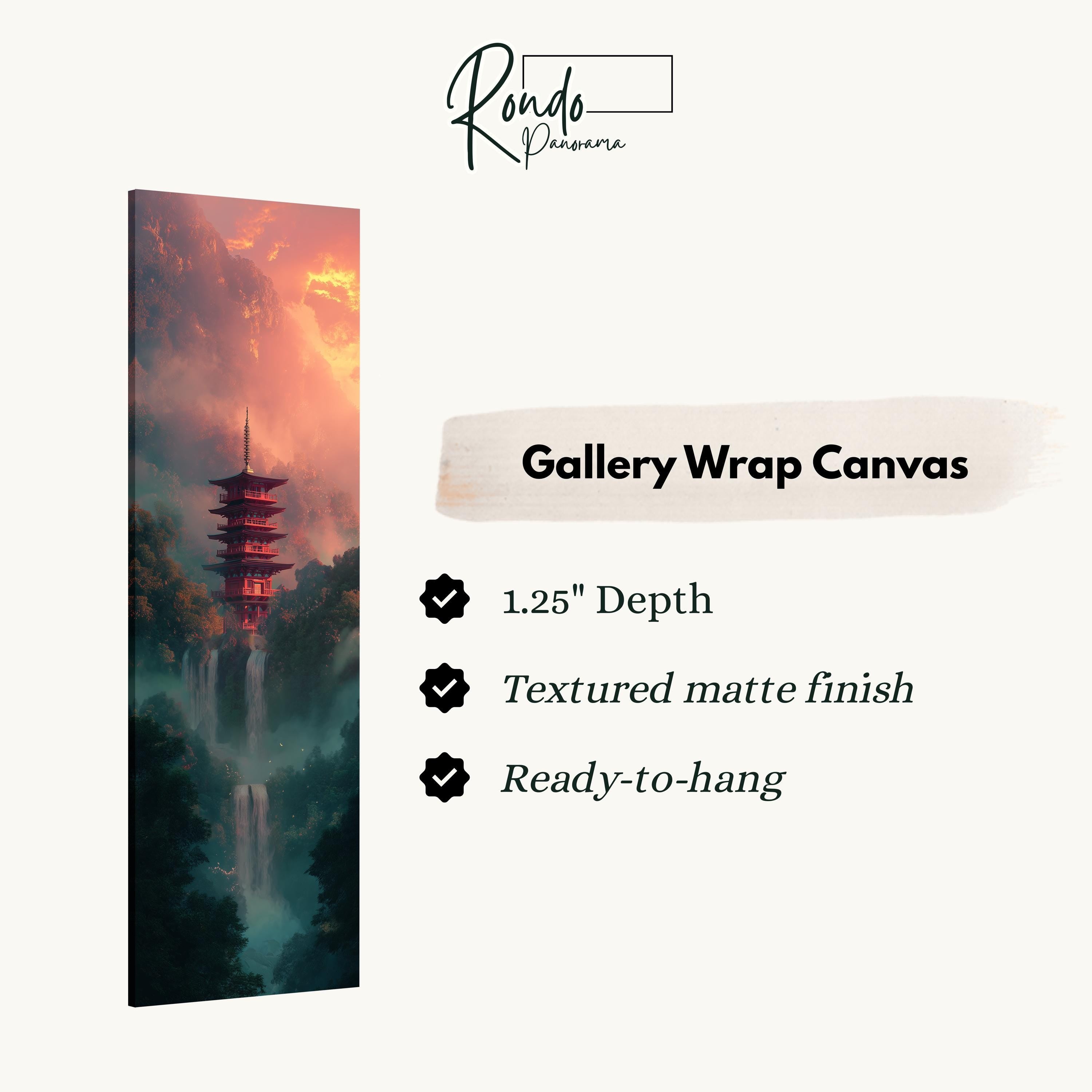 The image is a vertical gallery wrap canvas featuring a red pagoda-style building with a waterfall in the background.