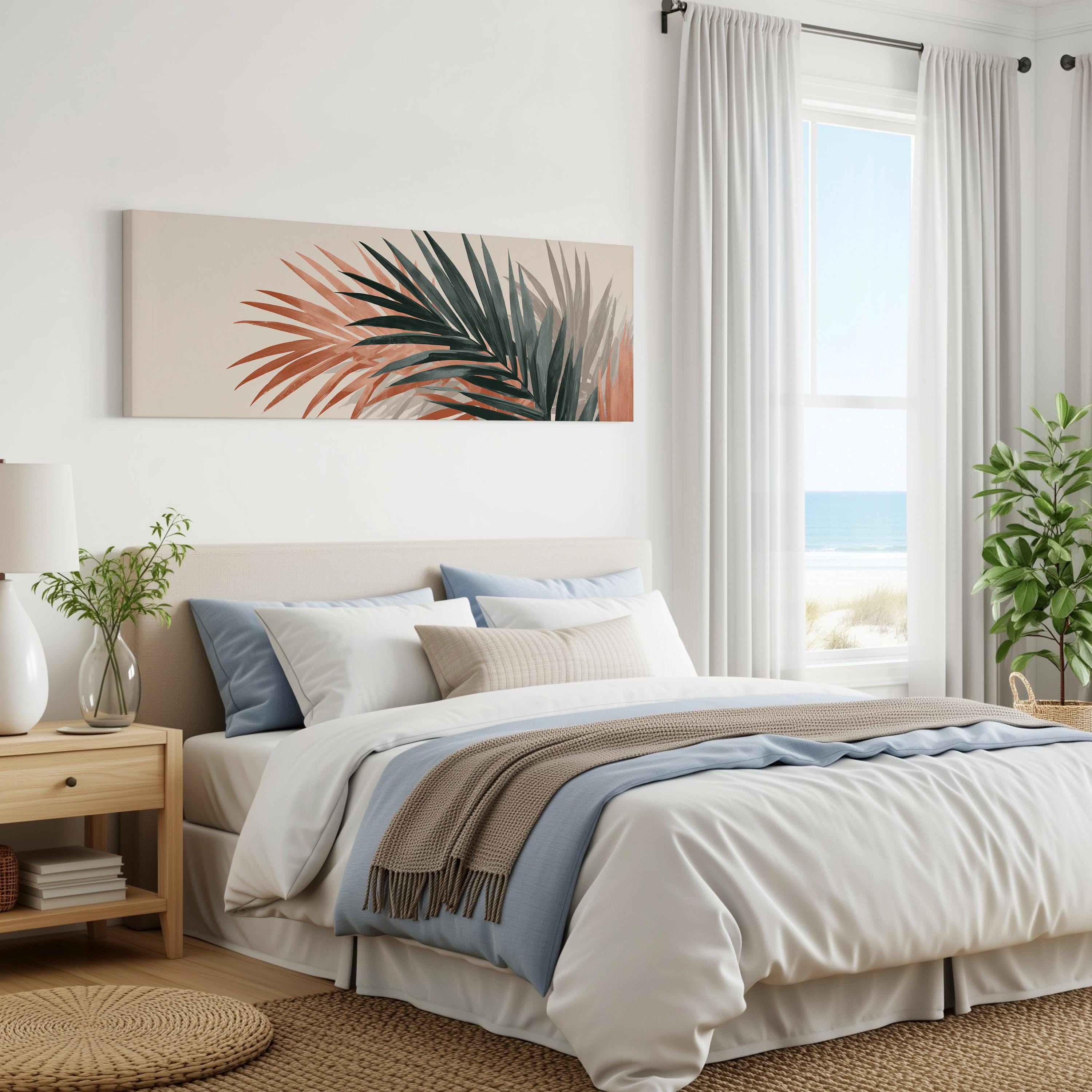 a serene and modern bedroom with a large bed, a nightstand, and a painting of palm leaves on the wall. The room has a beach view, and the overall color scheme is neutral, with pops of green and blue accents.