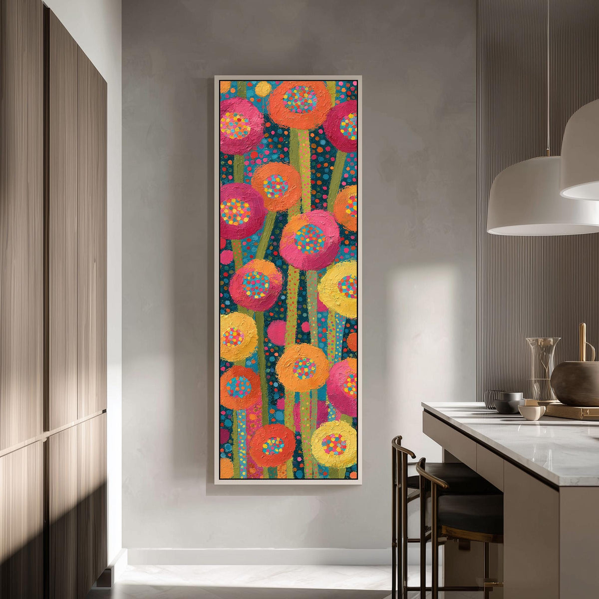 Folk art poppies made of dots tall skinny canvas print in a modern kitchen