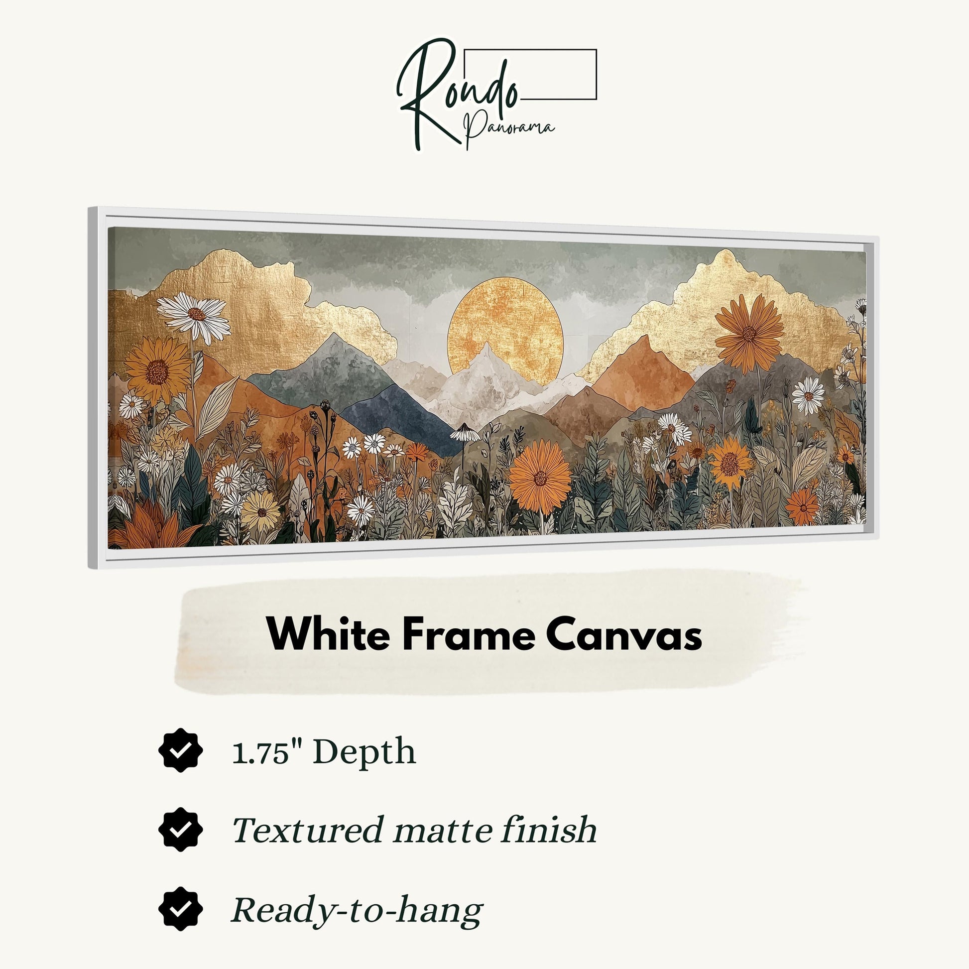 The image is a white frame canvas depicting a mountainous landscape with a sunflower field. The canvas has a 1.75" depth and is textured with a matte finish. It is ready to hang and is described as a "White Frame Canvas" with a "Textured matte finish".