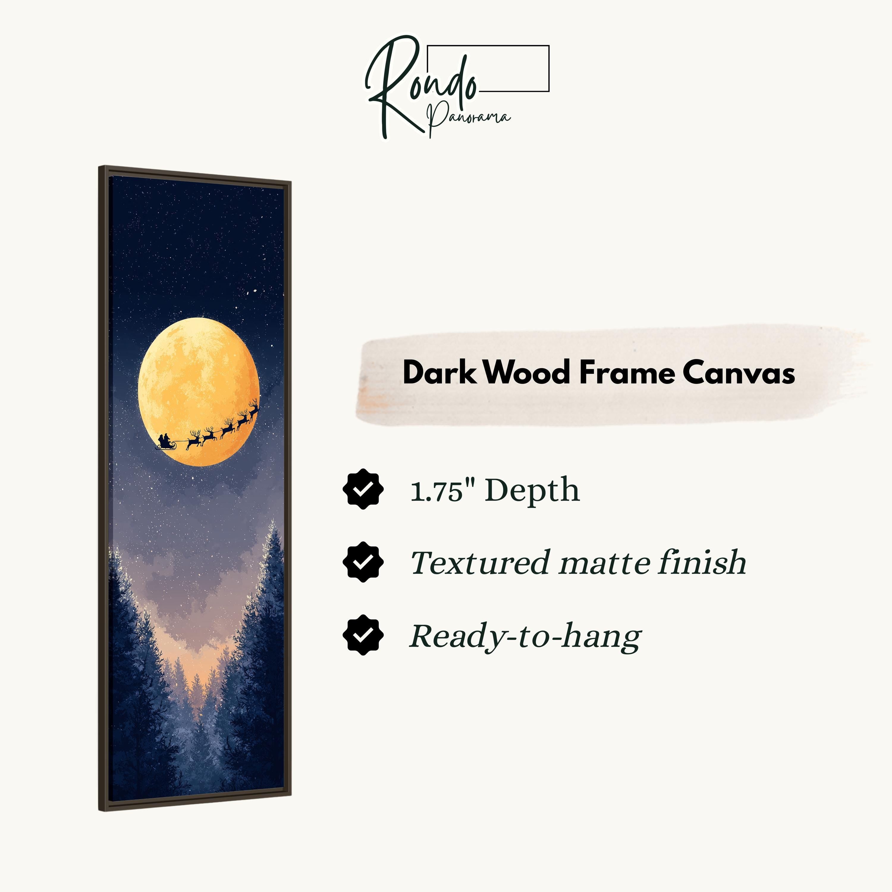 The image is a dark wood frame canvas depicting a night scene with a full moon and a sleigh in the distance.