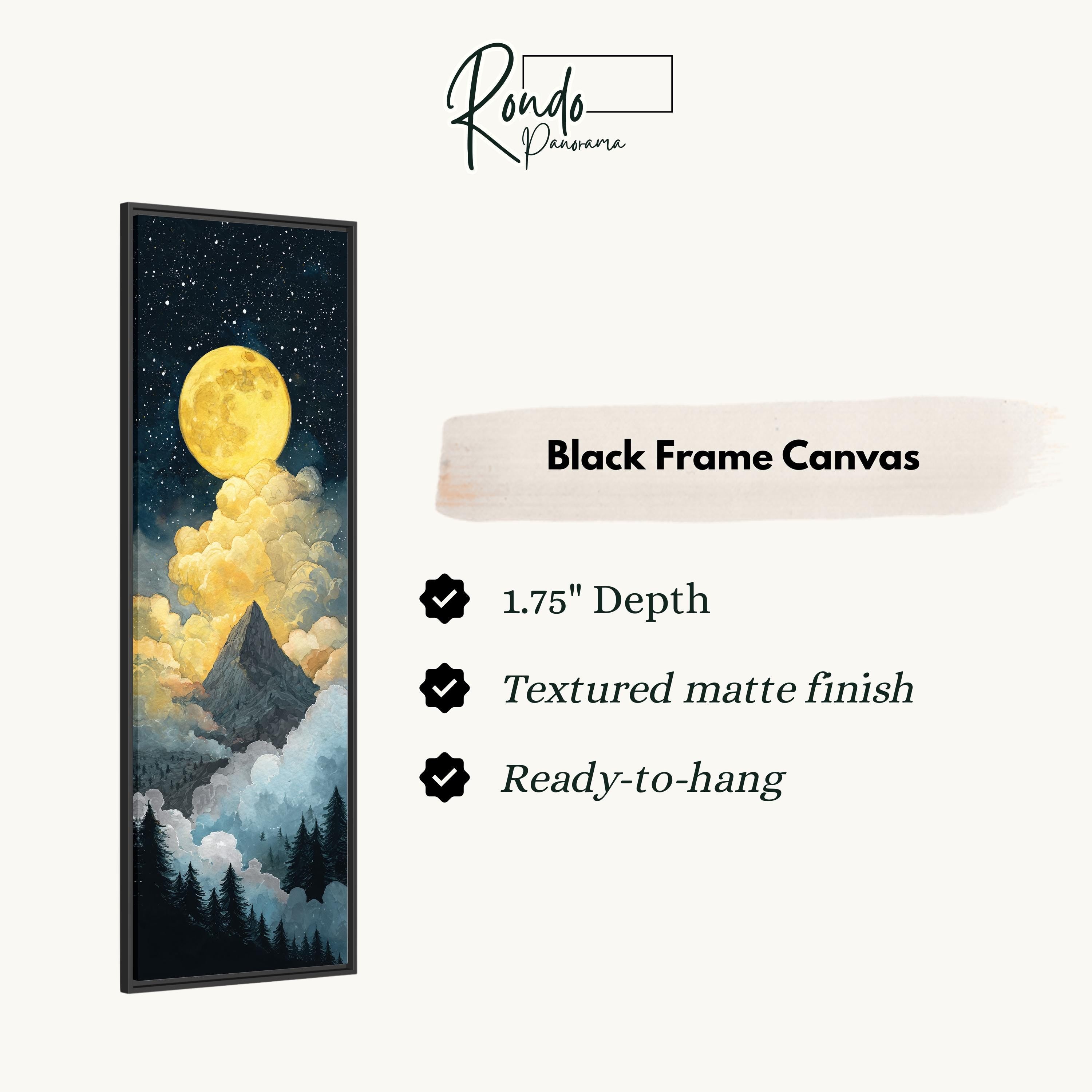 The image is a black frame canvas depicting a night sky with a large, bright yellow moon and clouds.