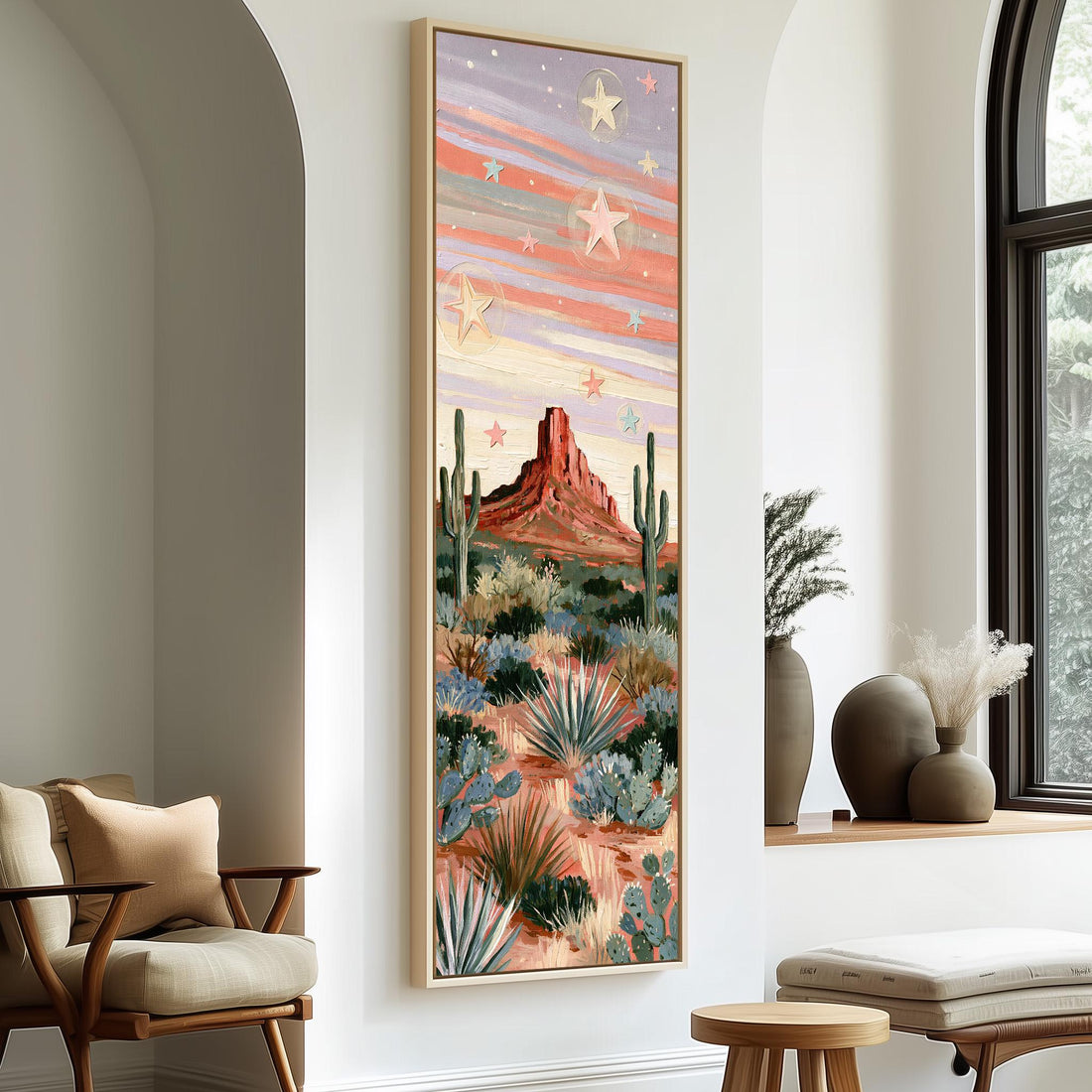 Red butte and cacti under a pastel starry sky long vertical canvas print in a sunlit living space