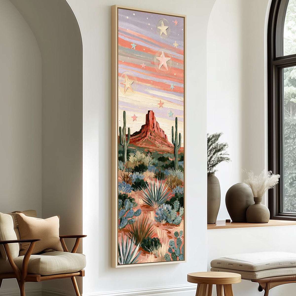 Red butte and cacti under a pastel starry sky tall skinny canvas print in a sunlit living space