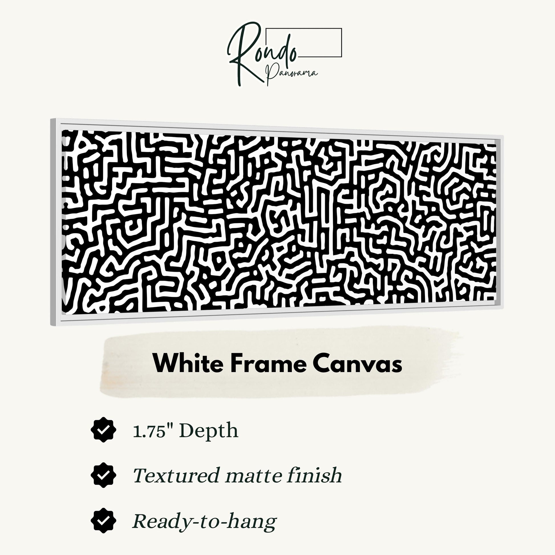 a white frame canvas with a black and white abstract pattern.
